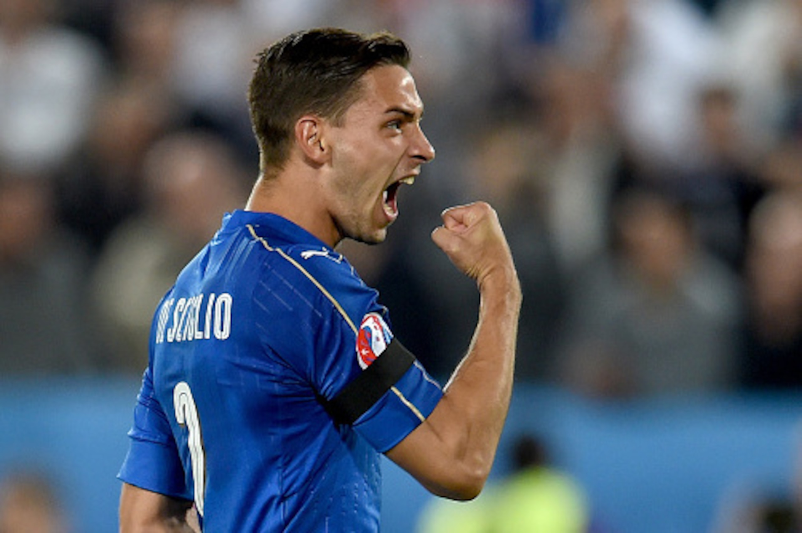 BORDEAUX, FRANCE - JULY 02:  Mattia De Sciglio of Italy celebrates after scoring the penalty shootout during the UEFA EURO 2016 quarter final match between Germany and Italy at Stade Matmut Atlantique on July 2, 2016 in Bordeaux, France.  (Photo by Claudi