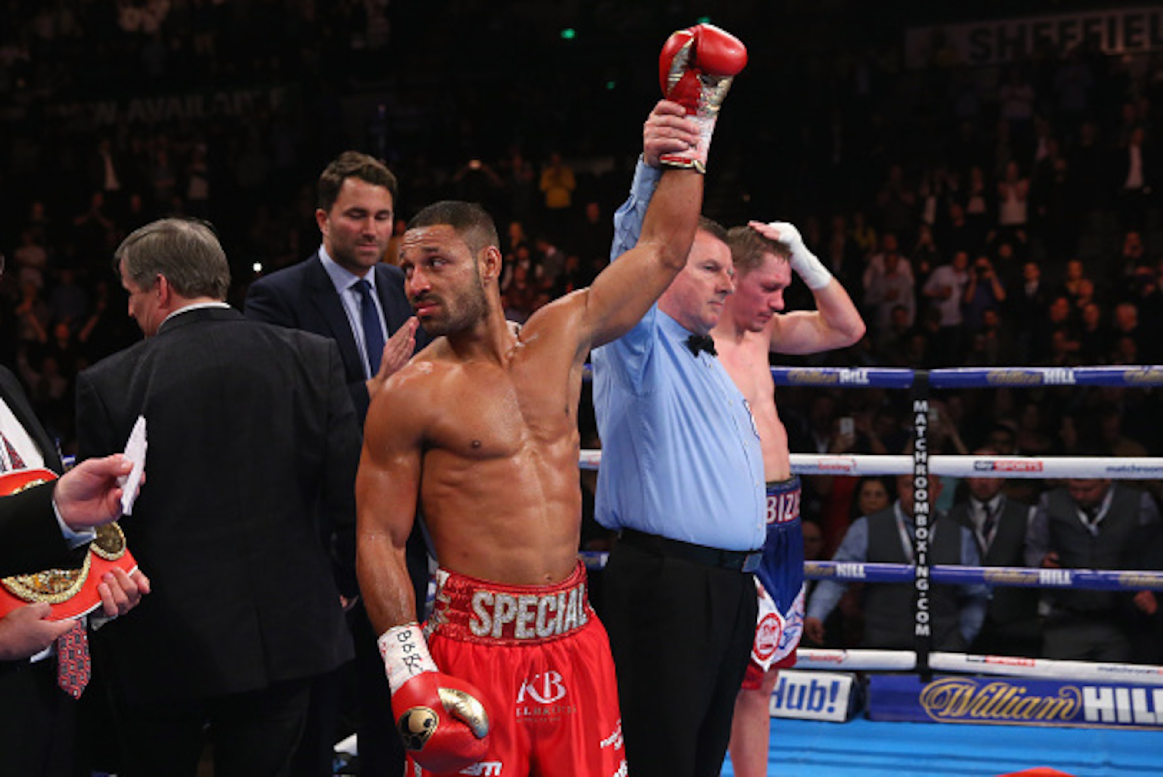 SHEFFIELD, ENGLAND - MARCH 26:  Kell Brook celebrates victory over Kevin Bizier in the second round of the IBF World Welterweight Championship fight between Kell Brook and Kevin Bizier at Sheffield Arena on March 26, 2016 in Sheffield, England.  (Photo by