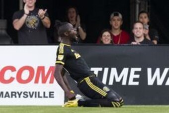 May 7, 2016; Columbus, OH, USA; Columbus Crew SC forward Kei Kamara (23) celebrates after scoring his second goal of the game against Montreal Impact at MAPFRE Stadium. The game ended in a 4-4 draw. Mandatory Credit: Greg Bartram-USA TODAY Sports