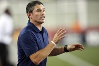 Jul 6, 2016; Foxborough, MA, USA; New England Revolution head coach Jay Heaps reacts on the side line during the second half against the New York City FC at Gillette Stadium.  The New York City FC won 1-0.  Mandatory Credit: Greg M. Cooper-USA TODAY Sport