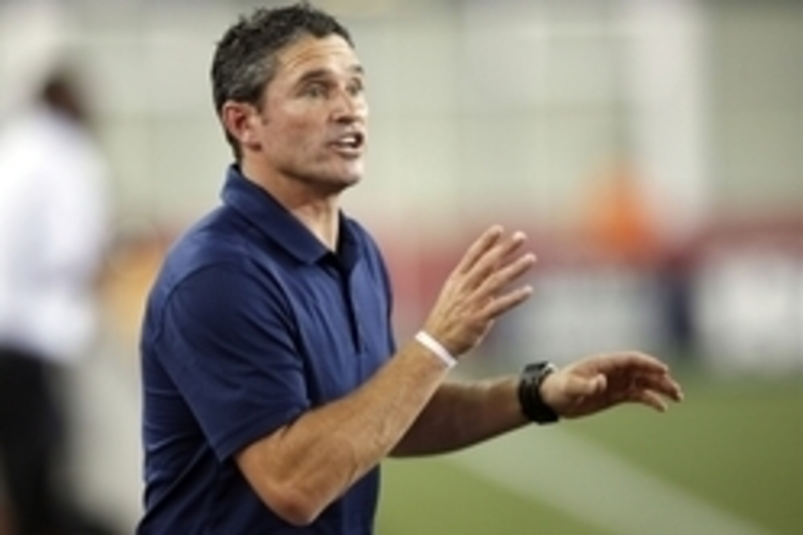 Jul 6, 2016; Foxborough, MA, USA; New England Revolution head coach Jay Heaps reacts on the side line during the second half against the New York City FC at Gillette Stadium.  The New York City FC won 1-0.  Mandatory Credit: Greg M. Cooper-USA TODAY Sport