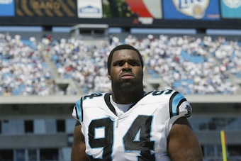 CHARLOTTE, NC - SEPTEMBER 8:  Sean Gilbert #94 of the Carolina Panthers looks on during the game against the Baltimore Ravens on September 8, 2002 at Ericsson Stadium in Charlotte, North Carolina.  The Panthers defeated the Ravens 10-7. (Photo by Craig Jo