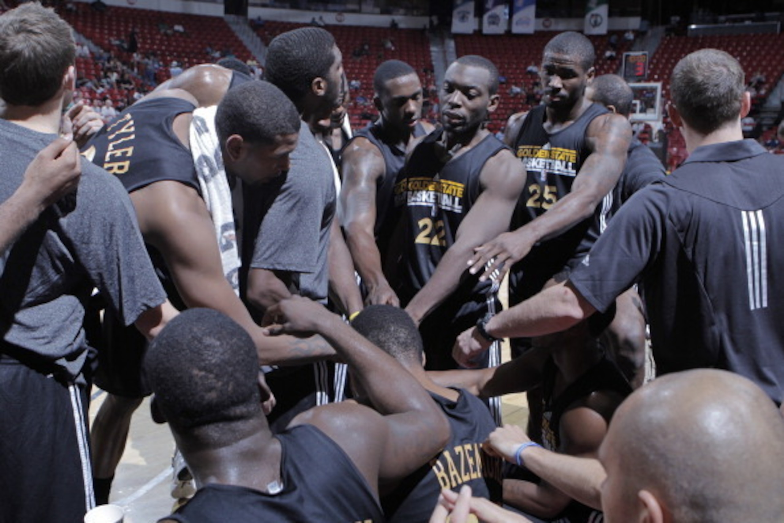 LAS VEGAS, NV - JULY 21:The Golden State Warriors huddle  during NBA Summer League on July 21, 2012 at Cox Pavilion in Las Vegas, Nevada. NOTE TO USER: User expressly acknowledges and agrees that, by downloading and/or using this Photograph, user is conse