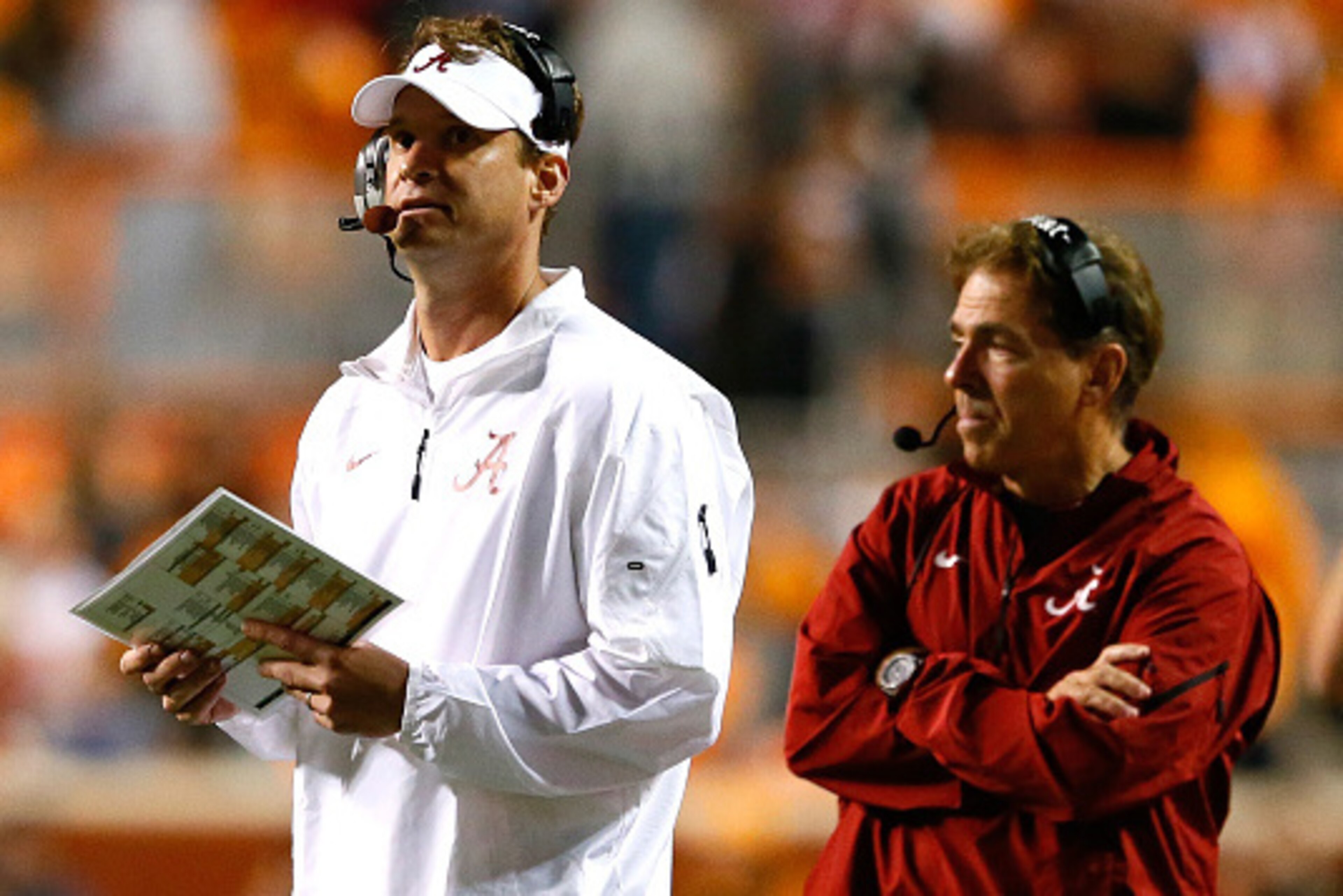 KNOXVILLE, TN - OCTOBER 25:  Offensive coordinator Lane Kiffin and head coach Nick Saban of the Alabama Crimson Tide against the Tennessee Volunteers at Neyland Stadium on October 25, 2014 in Knoxville, Tennessee.  (Photo by Kevin C. Cox/Getty Images)