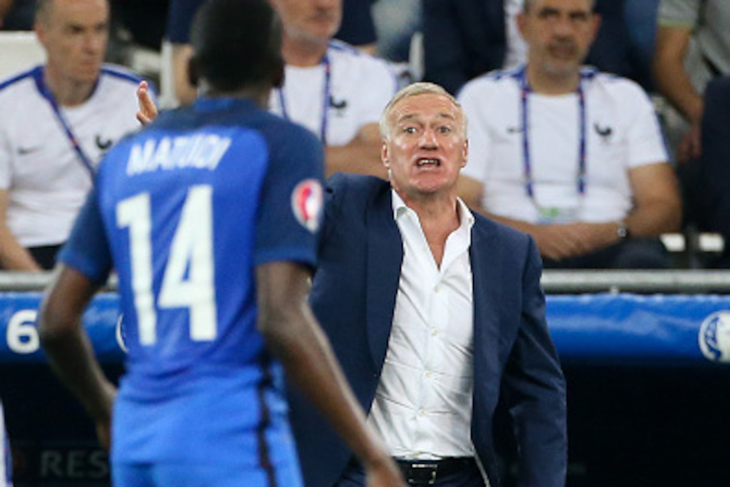 MARSEILLE, FRANCE - JULY 7: Coach of France Didier Deschamps talks with Blaise Matuidi of France during the UEFA Euro 2016 semi-final match between Germany and France at Stade Velodrome on July 7, 2016 in Marseille, France. (Photo by Jean Catuffe/Getty Im