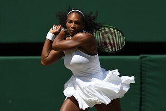 LONDON, ENGLAND - JULY 07:  Serena Williams of The United States looks on during the Ladies Singles Semi Final match against Elena Vesnina of Russia on day ten of the Wimbledon Lawn Tennis Championships at the All England Lawn Tennis and Croquet Club on J