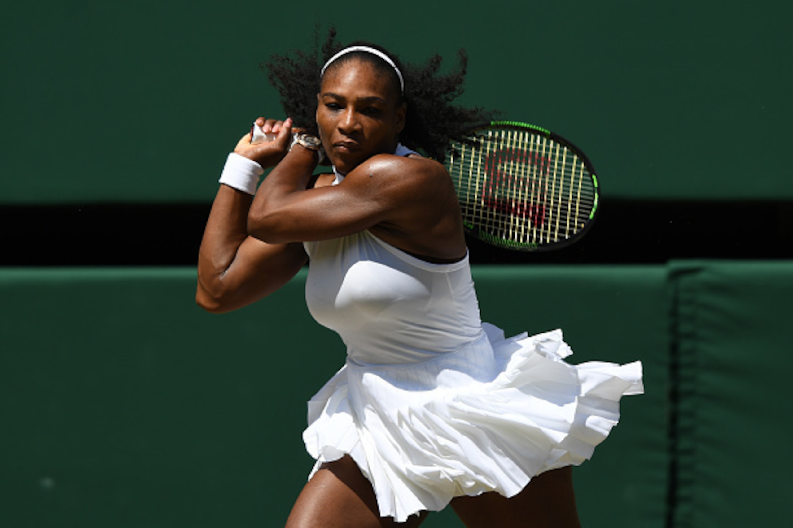 LONDON, ENGLAND - JULY 07: Serena Williams of The United States looks on during the Ladies Singles Semi Final match against Elena Vesnina of Russia on day ten of the Wimbledon Lawn Tennis Championships at the All England Lawn Tennis and Croquet Club on J LONDON, ENGLAND - JULY 07: Serena Williams of The United States looks on during the Ladies Singles Semi Final match against Elena Vesnina of Russia on day ten of the Wimbledon Lawn Tennis Championships at the All England Lawn Tennis and Croquet Club on J