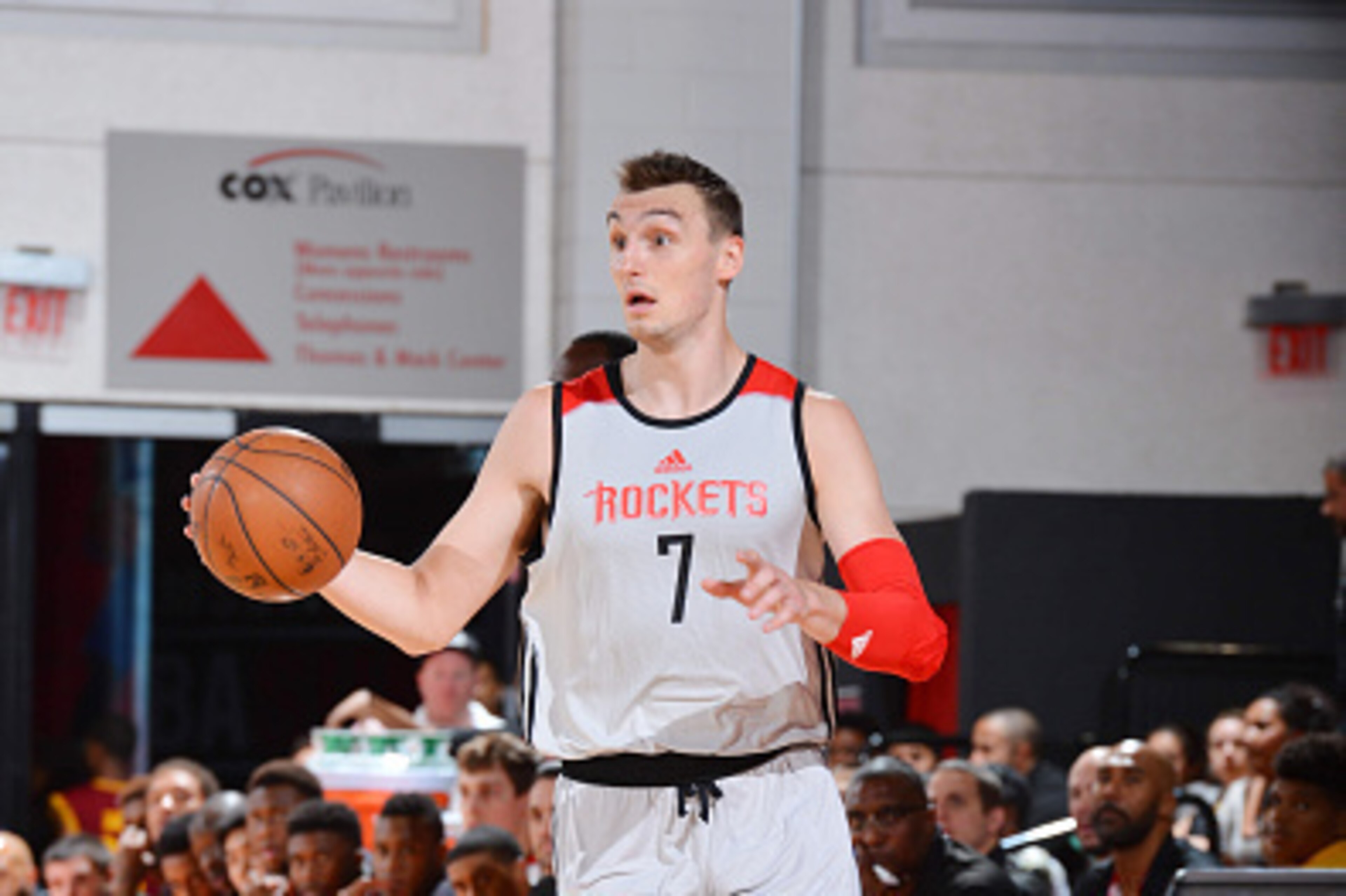 LAS VEGAS, NV - JULY 8:  Sam Dekker #7 of Houston Rockets handles the ball against the Atlanta Hawks during the 2016 NBA Las Vegas Summer League game on July 8, 2016 at the Cox Pavillion in Las Vegas, Nevada. NOTE TO USER: User expressly acknowledges and 