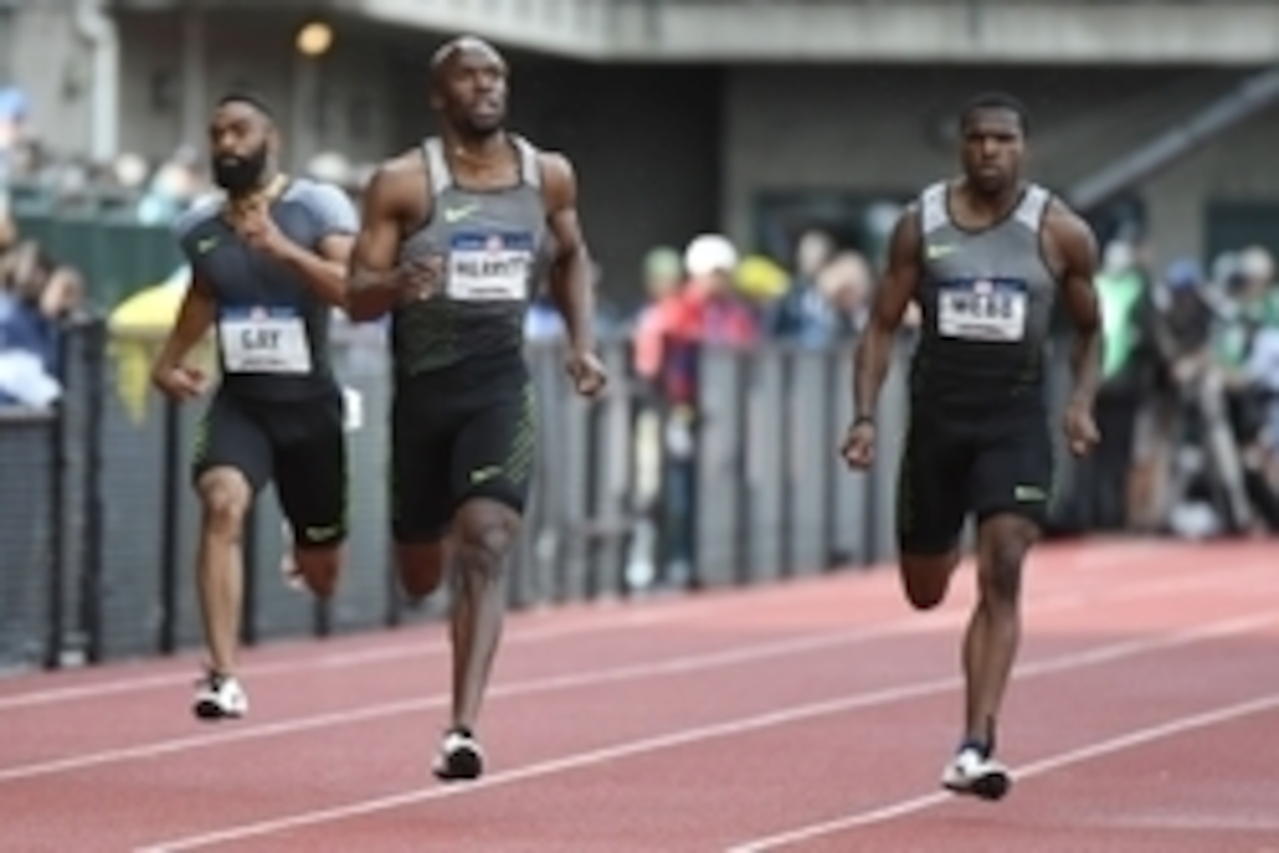 Jul 8, 2016; Eugene, OR, USA; Tyson Gay (left) and LaShawn Merritt (middle) and 	Ameer Webb (right) compete during the men   s 200m semifinals in the 2016 U.S. Olympic track and field team trials at Hayward Field. Mandatory Credit: James Lang-USA TODAY Sp