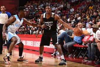 LAS VEGAS, NV - JULY 8: Kris Dunn #3 of the Minnesota Timberwolves defends the ball against the Denver Nuggets during the 2016 Las Vegas Summer League game on July 8, 2016 at Thomas and Mack Center in Las Vegas, Nevada. NOTE TO USER: User expressly acknow