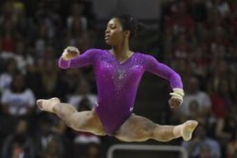 July 8, 2016; San Jose, CA, USA; Gabby Douglas, from Tarzana, CA, during the floor exercise in the women's gymnastics U.S. Olympic team trials at SAP Center. Mandatory Credit: Kyle Terada-USA TODAY Sports