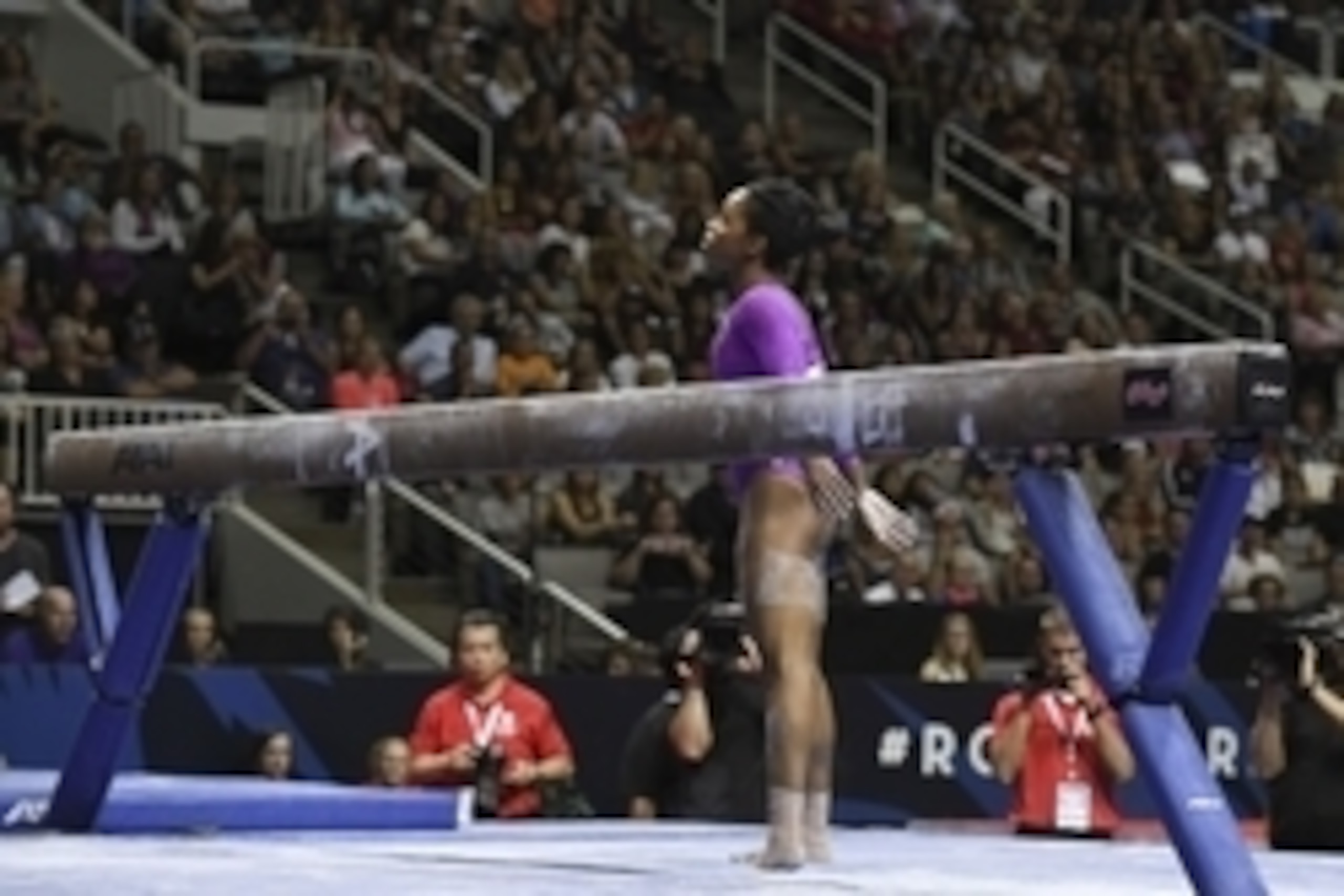July 8, 2016; San Jose, CA, USA; Gabby Douglas, from Tarzana, CA, reacts after falling during the balance beam in the women's gymnastics U.S. Olympic team trials at SAP Center. Mandatory Credit: Kyle Terada-USA TODAY Sports