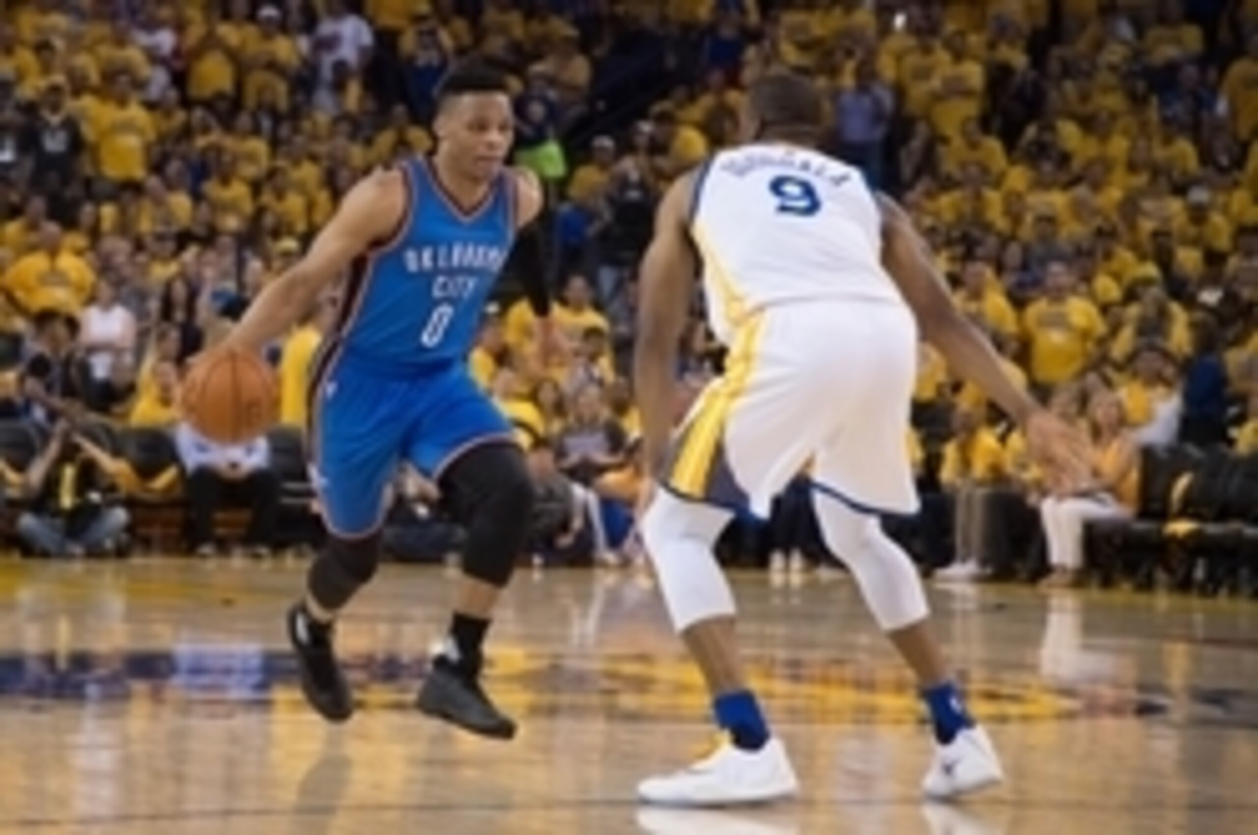 May 30, 2016; Oakland, CA, USA; Oklahoma City Thunder guard Russell Westbrook (0) dribbles the basketball against Golden State Warriors forward Andre Iguodala (9) during the third quarter in game seven of the Western conference finals of the NBA Playoffs May 30, 2016; Oakland, CA, USA; Oklahoma City Thunder guard Russell Westbrook (0) dribbles the basketball against Golden State Warriors forward Andre Iguodala (9) during the third quarter in game seven of the Western conference finals of the NBA Playoffs