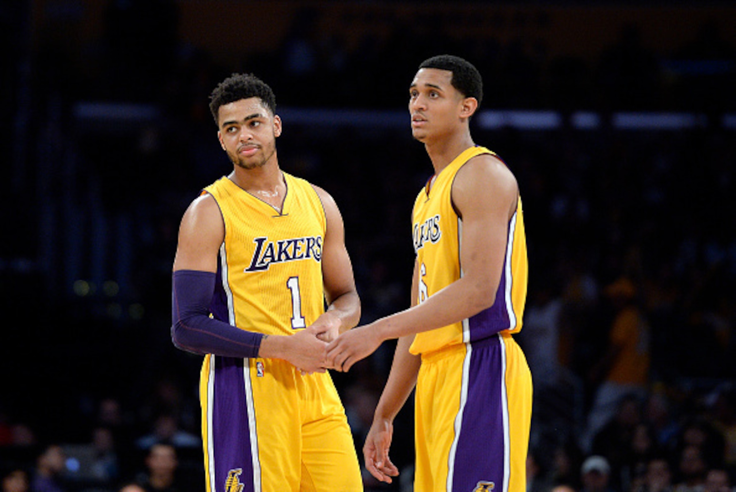 LOS ANGELES, CA - MARCH 15: D'Angelo Russell #1 and Jordan Clarkson #6 of the Los Angeles Lakers against the Sacramento Kings during the first half of the basketball game at Staples Center March 15, 2016, in Los Angeles, California. NOTE TO USER: User exp LOS ANGELES, CA - MARCH 15: D'Angelo Russell #1 and Jordan Clarkson #6 of the Los Angeles Lakers against the Sacramento Kings during the first half of the basketball game at Staples Center March 15, 2016, in Los Angeles, California. NOTE TO USER: User exp