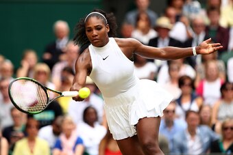 LONDON, ENGLAND - JULY 09:  Serena Williams of The United States plays a forehand during The Ladies Singles Final against Angelique Kerber of Germany on day twelve of the Wimbledon Lawn Tennis Championships at the All England Lawn Tennis and Croquet Club 