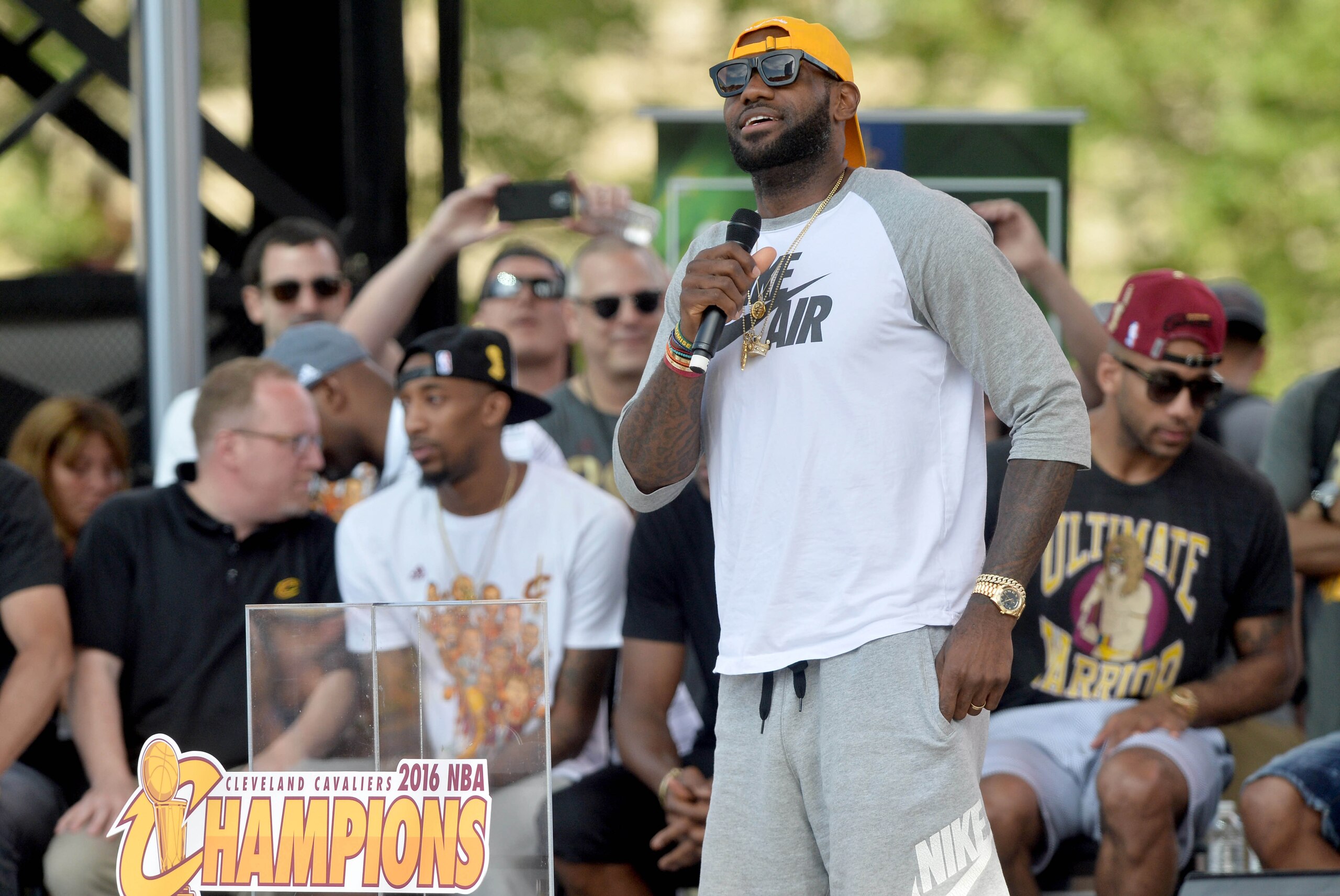 Jun 22, 2016; Cleveland, OH, USA; Cleveland Cavaliers forward LeBron James (23) talks to the crowd during the Cleveland Cavaliers NBA championship celebration in downtown Cleveland. Mandatory Credit: Ken Blaze-USA TODAY Sports