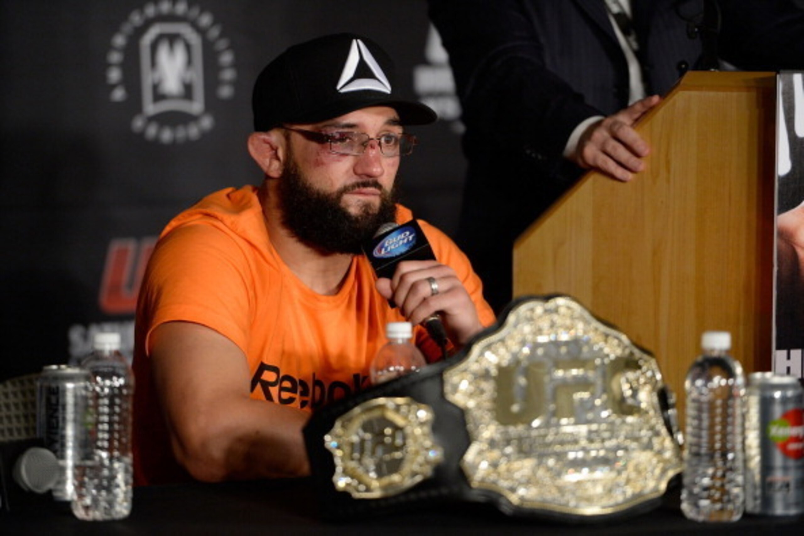 DALLAS, TX - MARCH 15:  Johny Hendricks speaks to the media during the UFC 171 press conference inside American Airlines Center on March 15, 2014 in Dallas, Texas. (Photo by Jeff Bottari/Zuffa LLC/Zuffa LLC via Getty Images)