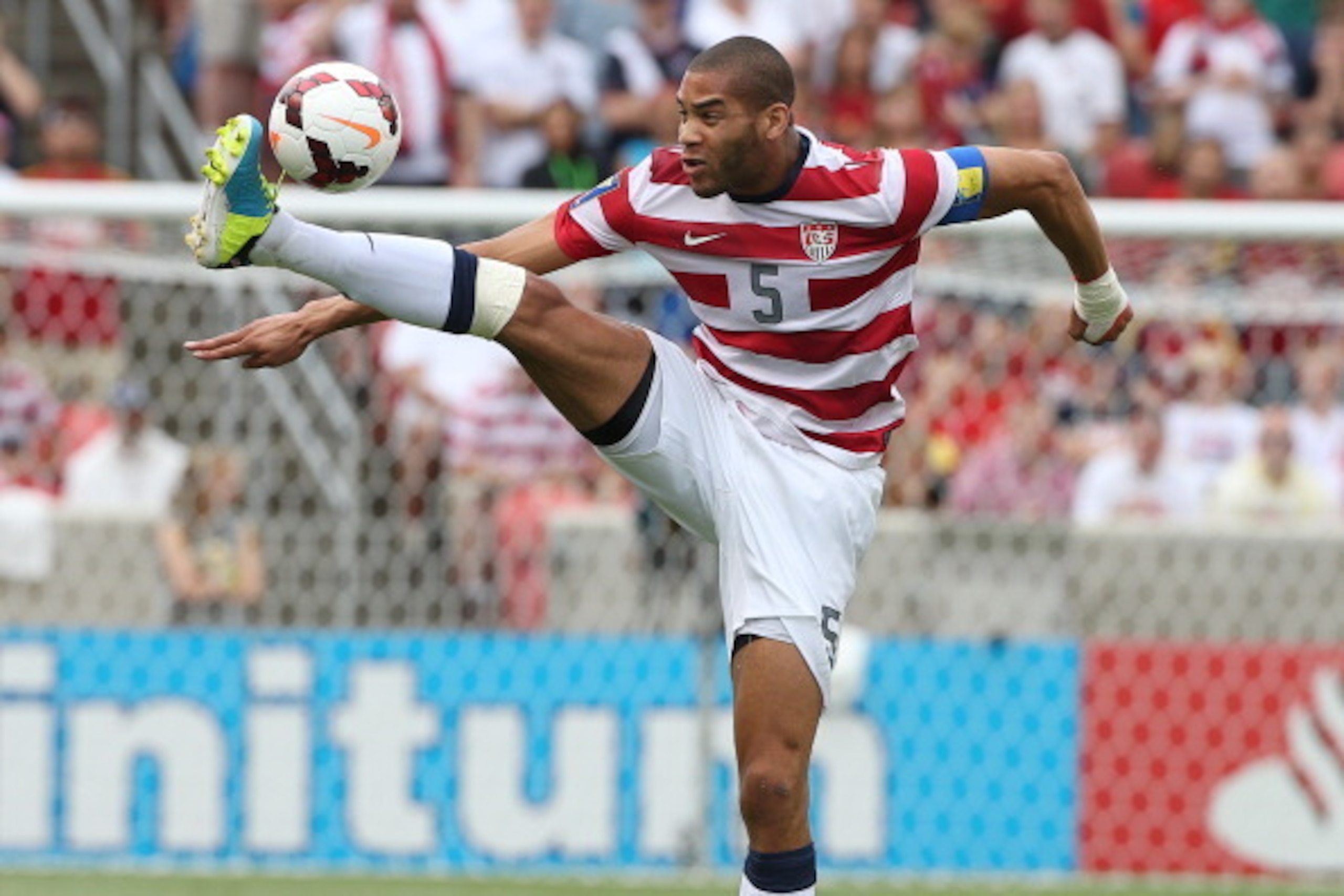 SANDY, UT - JULY 13: Oguchi Onyewu #5 of the United States controls the ball during a game against Cuba during the first half of an CONCACAF Gold Cup match July 13, 2013 at Rio Tinto Stadium in Sandy, Utah. (Photo by George Frey/Getty Images)