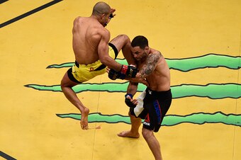 LAS VEGAS, NV - JULY 09: An overhead view of the Octagon as Jose Aldo of Brazil knees Frankie Edgar during the UFC 200 event on July 9, 2016 at T-Mobile Arena in Las Vegas, Nevada.  (Photo by Jeff Bottari/Zuffa LLC/Zuffa LLC via Getty Images)