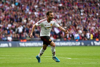 LONDON, ENGLAND - MAY 21:  Juan Mata of Manchester United celebrates as he scores their first goal during The Emirates FA Cup Final match between Manchester United and Crystal Palace at Wembley Stadium on May 21, 2016 in London, England.  (Photo by Paul G