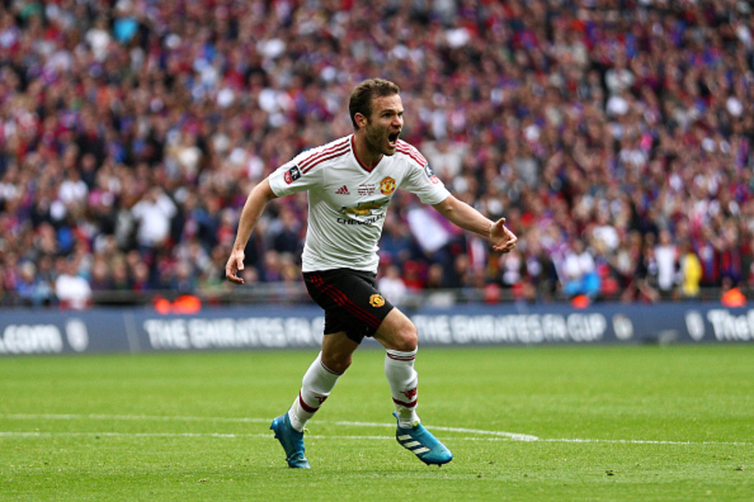 LONDON, ENGLAND - MAY 21:  Juan Mata of Manchester United celebrates as he scores their first goal during The Emirates FA Cup Final match between Manchester United and Crystal Palace at Wembley Stadium on May 21, 2016 in London, England.  (Photo by Paul G