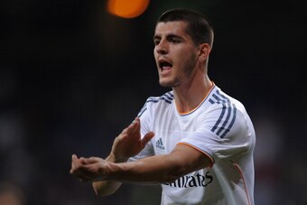 MADRID, SPAIN - APRIL 12:  Alvaro Morata of Real Madrid celebrates after scoring Real's 4th goal during the La Liga match between Real Madrid and Almeria at Santiago Bernabeu stadium on April 12, 2014 in Madrid, Spain.  (Photo by Denis Doyle/Getty Images)