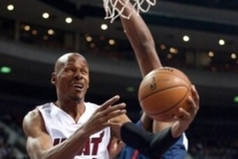 Dec 8, 2013; Auburn Hills, MI, USA; Miami Heat shooting guard Ray Allen (34) goes to the basket against the Detroit Pistons during the first quarter at The Palace of Auburn Hills. Mandatory Credit: Tim Fuller-USA TODAY Sports