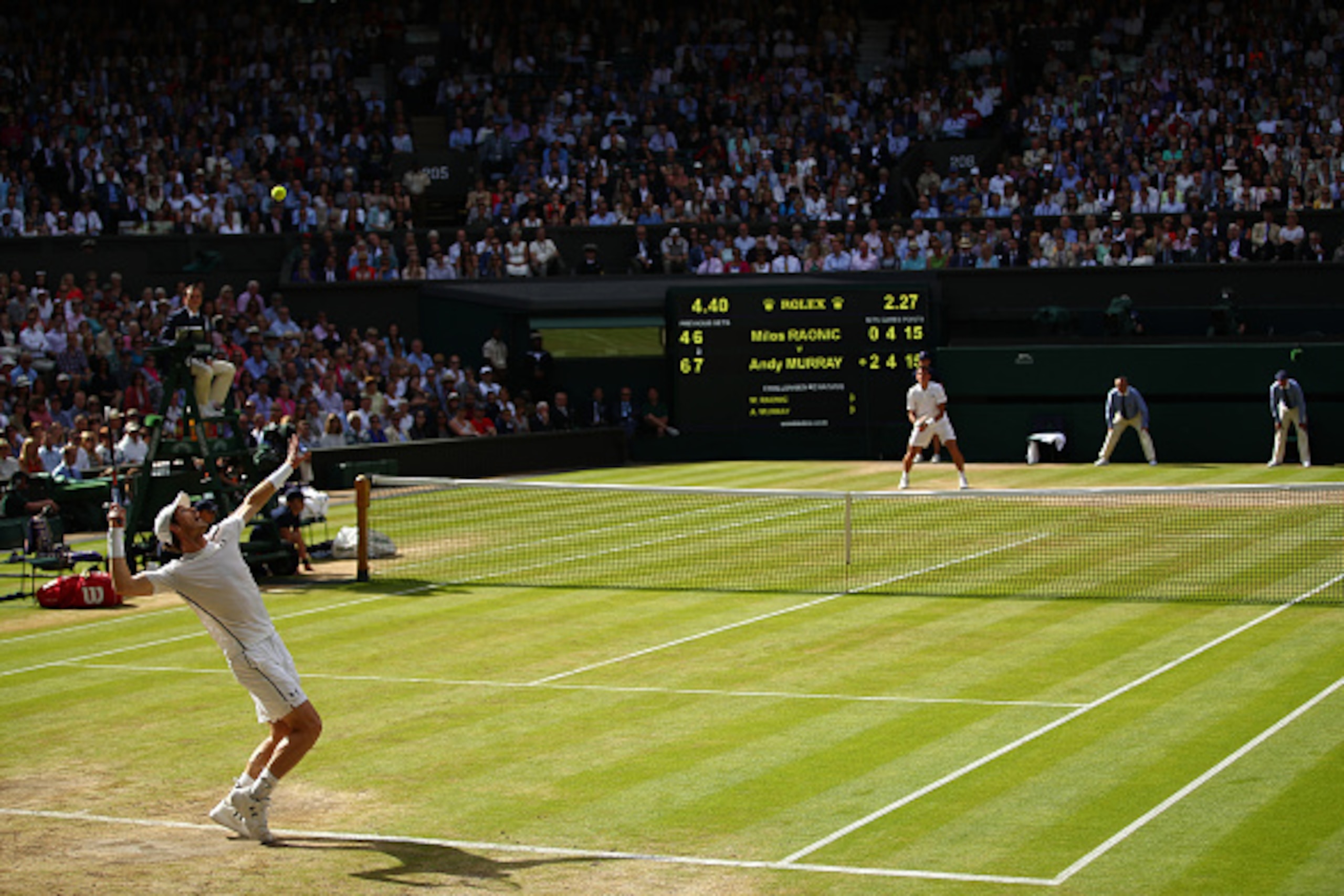 LONDON, ENGLAND - JULY 10:  Andy Murray of Great Britain serves during the Men's Singles Final against Milos Raonic of Canada on day thirteen of the Wimbledon Lawn Tennis Championships at the All England Lawn Tennis and Croquet Club on July 10, 2016 in Lo