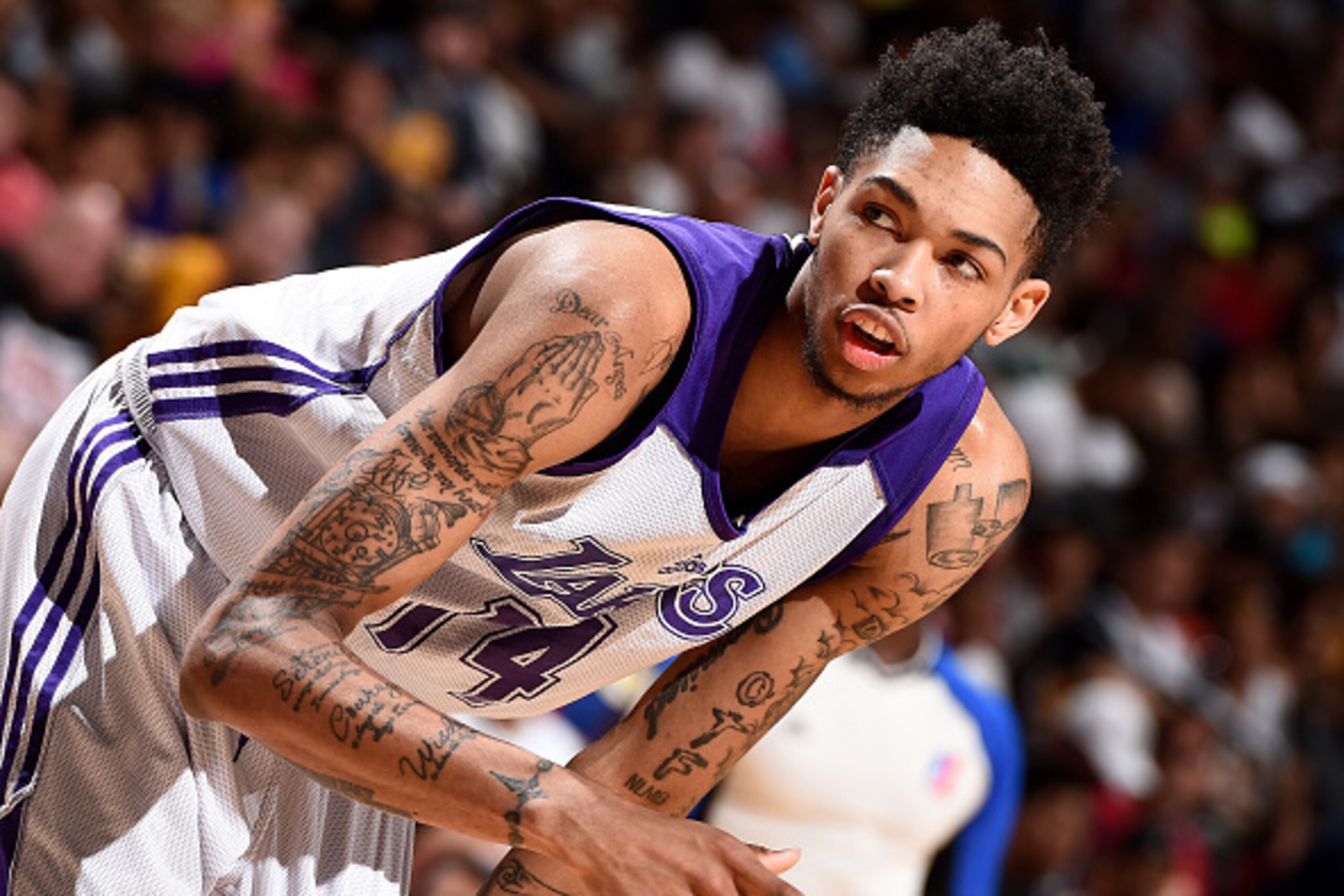 LAS VEGAS, NV - JULY 9: Brandon Ingram #14 of Los Angeles Lakers looks on during the game against the Philadelphia 76ers during the 2016 NBA Las Vegas Summer League on July 9, 2016 at The Thomas & Mack Center in Las Vegas, Nevada. NOTE TO USER: User expre