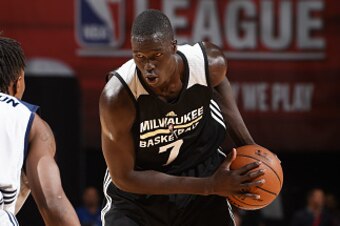 LAS VEGAS, NV - JULY 10:  Thon Maker #7 of Milwaukee Bucks handles the ball against the D-League during 2016 Summer League on July 10, 2016 at the Thomas & Mack Center in Las Vegas, Nevada. NOTE TO USER: User expressly acknowledges and agrees that, by dow