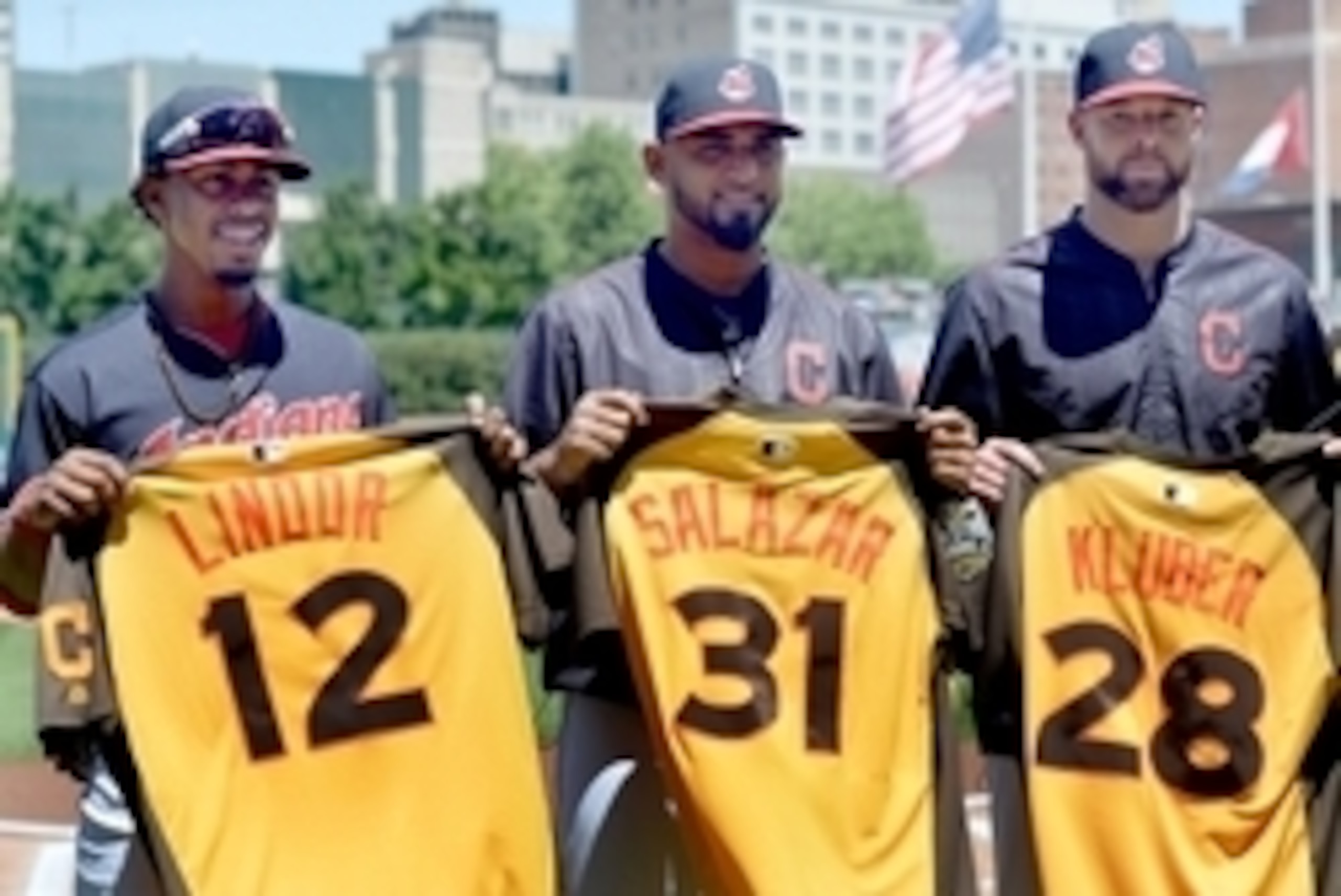 Jul 10, 2016; Cleveland, OH, USA; Cleveland Indians shortstop Francisco Lindor (12) along with pitcher Danny Salazar (31) and pitcher Corey Kluber (28) show off their all-star jerseys before the game between the Cleveland Indians and the New York Yankees Jul 10, 2016; Cleveland, OH, USA; Cleveland Indians shortstop Francisco Lindor (12) along with pitcher Danny Salazar (31) and pitcher Corey Kluber (28) show off their all-star jerseys before the game between the Cleveland Indians and the New York Yankees