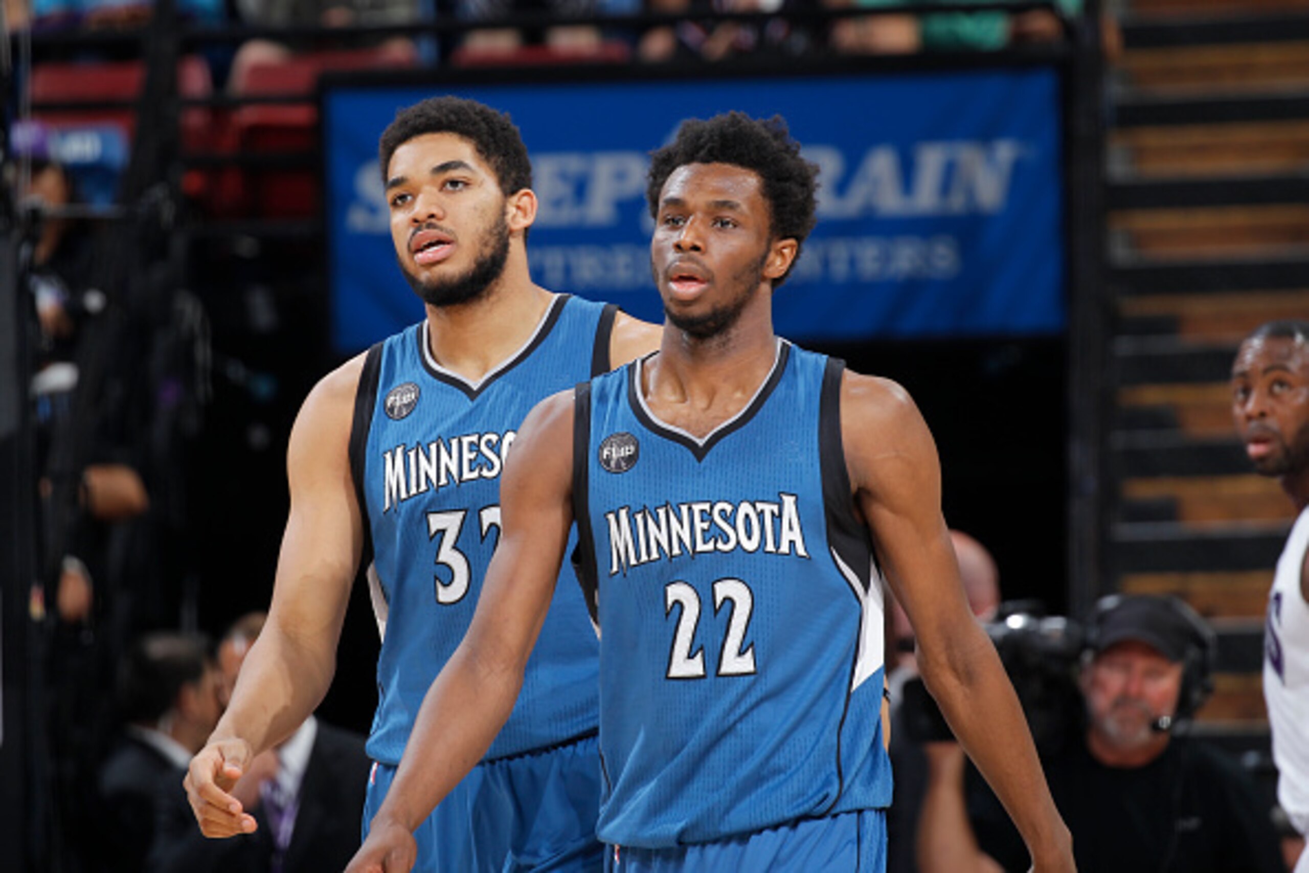 SACRAMENTO, CA - APRIL 7: Andrew Wiggins #22 and Karl-Anthony Towns #32 of the Minnesota Timberwolves look on during the game against the Sacramento Kings on April 7, 2016 at Sleep Train Arena in Sacramento, California. NOTE TO USER: User expressly acknow