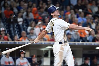 SAN DIEGO, CALIFORNIA - JUNE 28:  Wil Myers #4 of the San Diego Padres hits a three-run home run during the seventh inning of a baseball game against the Baltimore Orioles at PETCO Park on June 28, 2016 in San Diego, California.  (Photo by Denis Poroy/Get