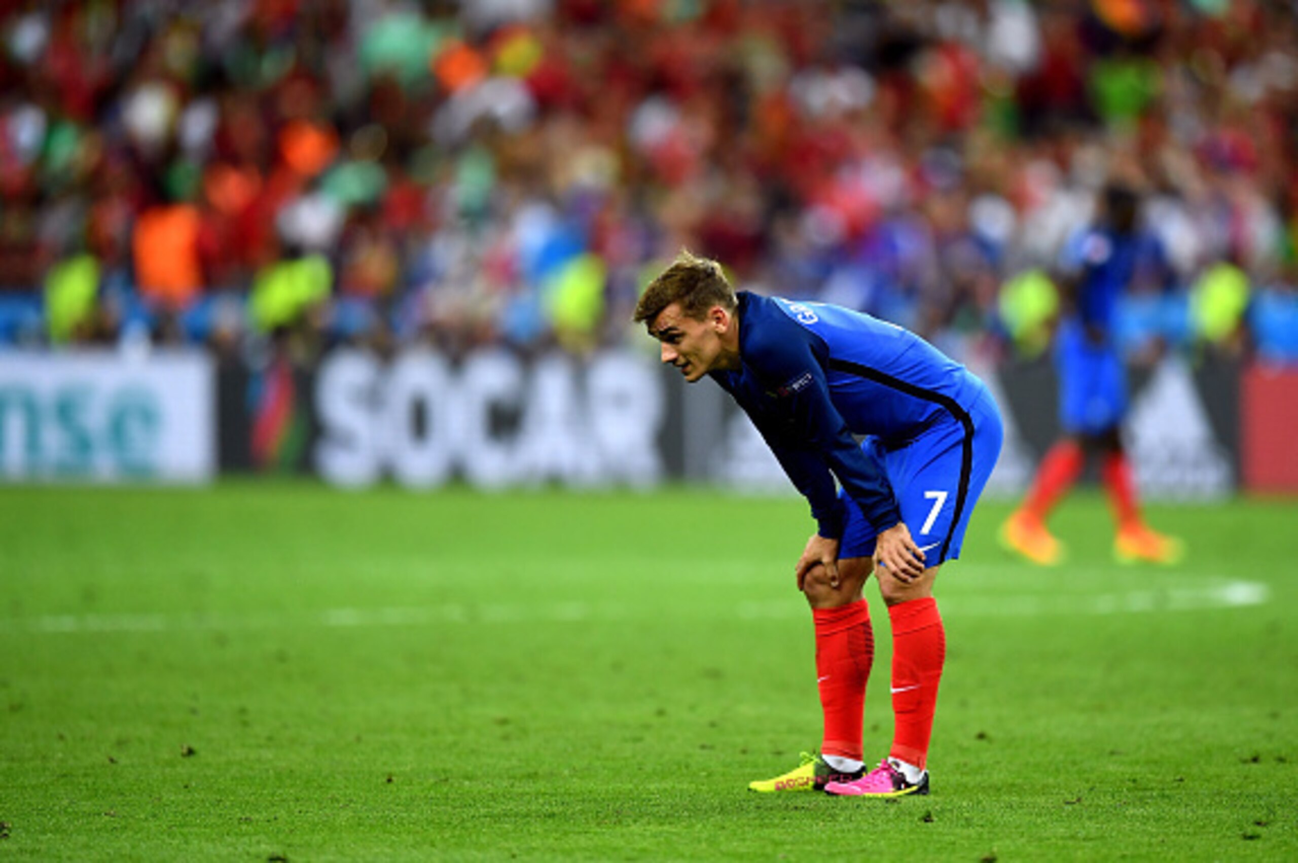 PARIS, FRANCE - JULY 10:  Antoine Griezmann of France shows his dejection afetr Portugal's first goal during the UEFA EURO 2016 Final match between Portugal and France at Stade de France on July 10, 2016 in Paris, France.  (Photo by Laurence Griffiths/Get