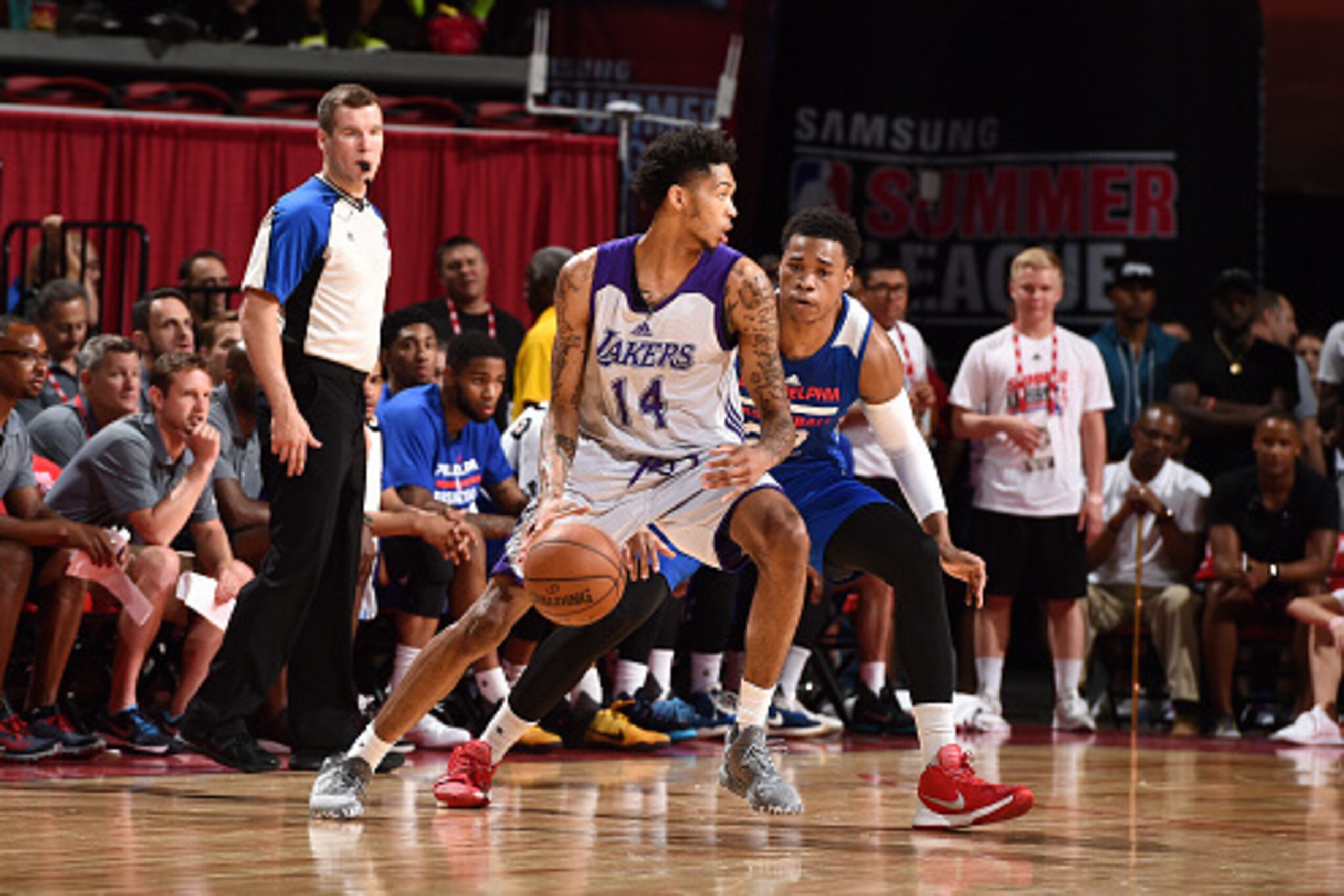 LAS VEGAS, NV - JULY 9: Brandon Ingram #14 of Los Angeles Lakers handles the ball during the game against the Philadelphia 76ers during the 2016 NBA Las Vegas Summer League on July 9, 2016 at The Thomas & Mack Center in Las Vegas, Nevada. NOTE TO USER: Us