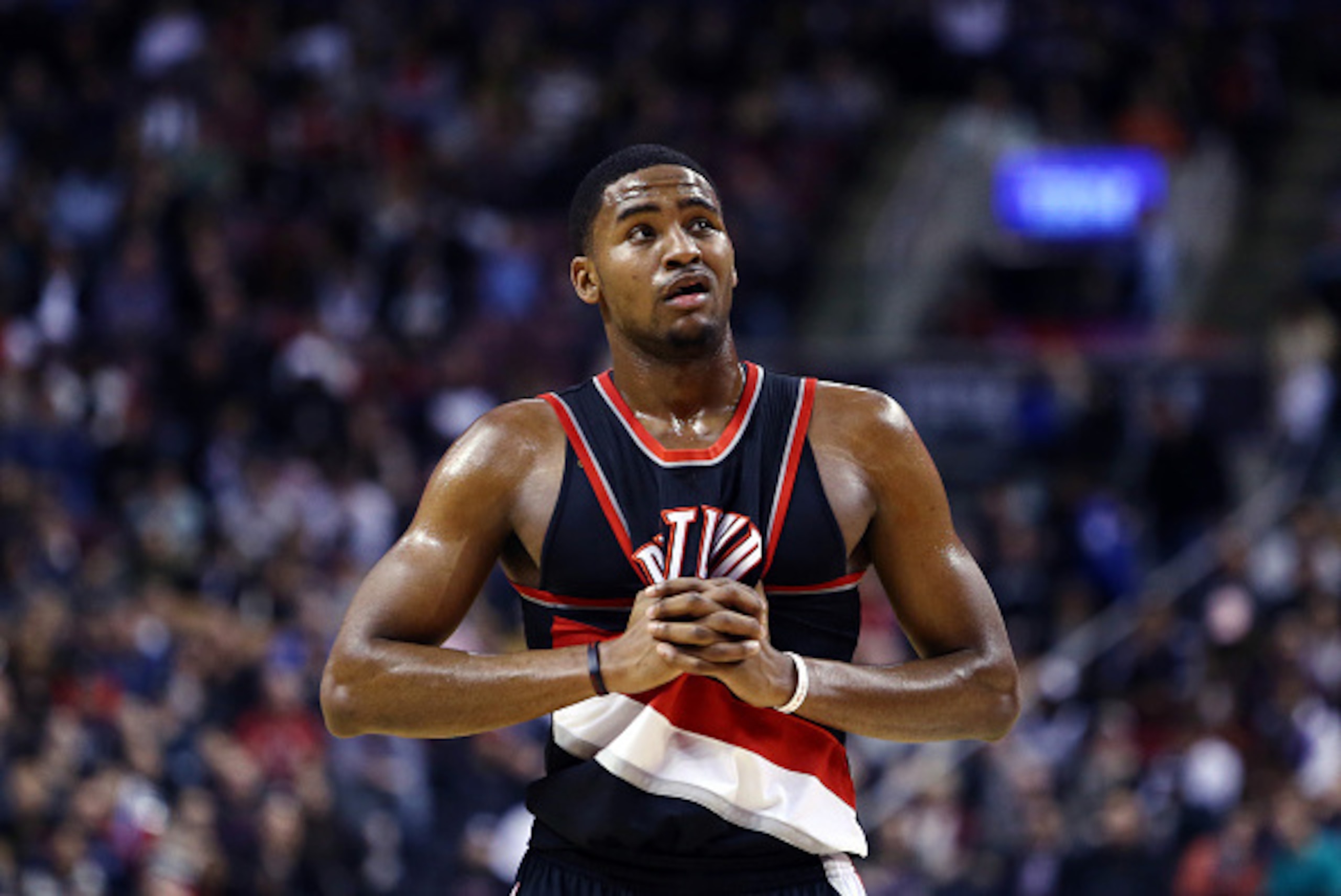 TORONTO, ON - MARCH 04:  Maurice Harkless #4 of the Portland Trail Blazers looks on during the second half of an NBA game against the Toronto Raptors at the Air Canada Centre on March 04, 2016 in Toronto, Ontario, Canada.  NOTE TO USER: User expressly ack