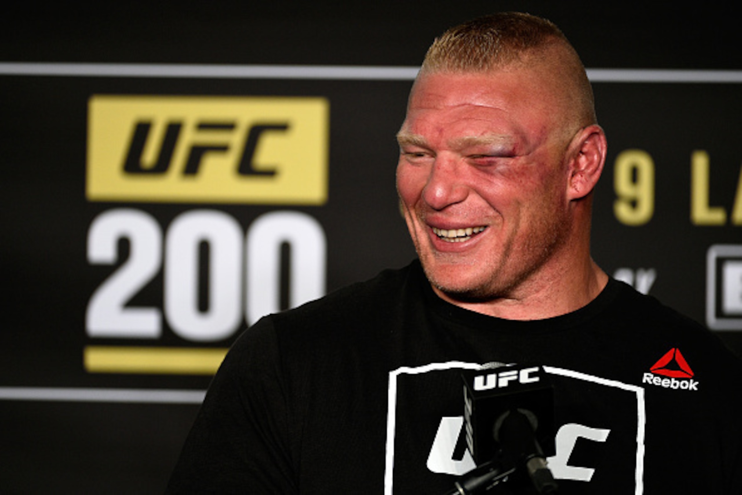 LAS VEGAS, NV - JULY 09:  Brock Lesnar speaks to the media during the UFC 200 post-fight press conference at T-Mobile Arena on July 9, 2016 in Las Vegas, Nevada.  (Photo by Jeff Bottari/Zuffa LLC/Zuffa LLC via Getty Images)