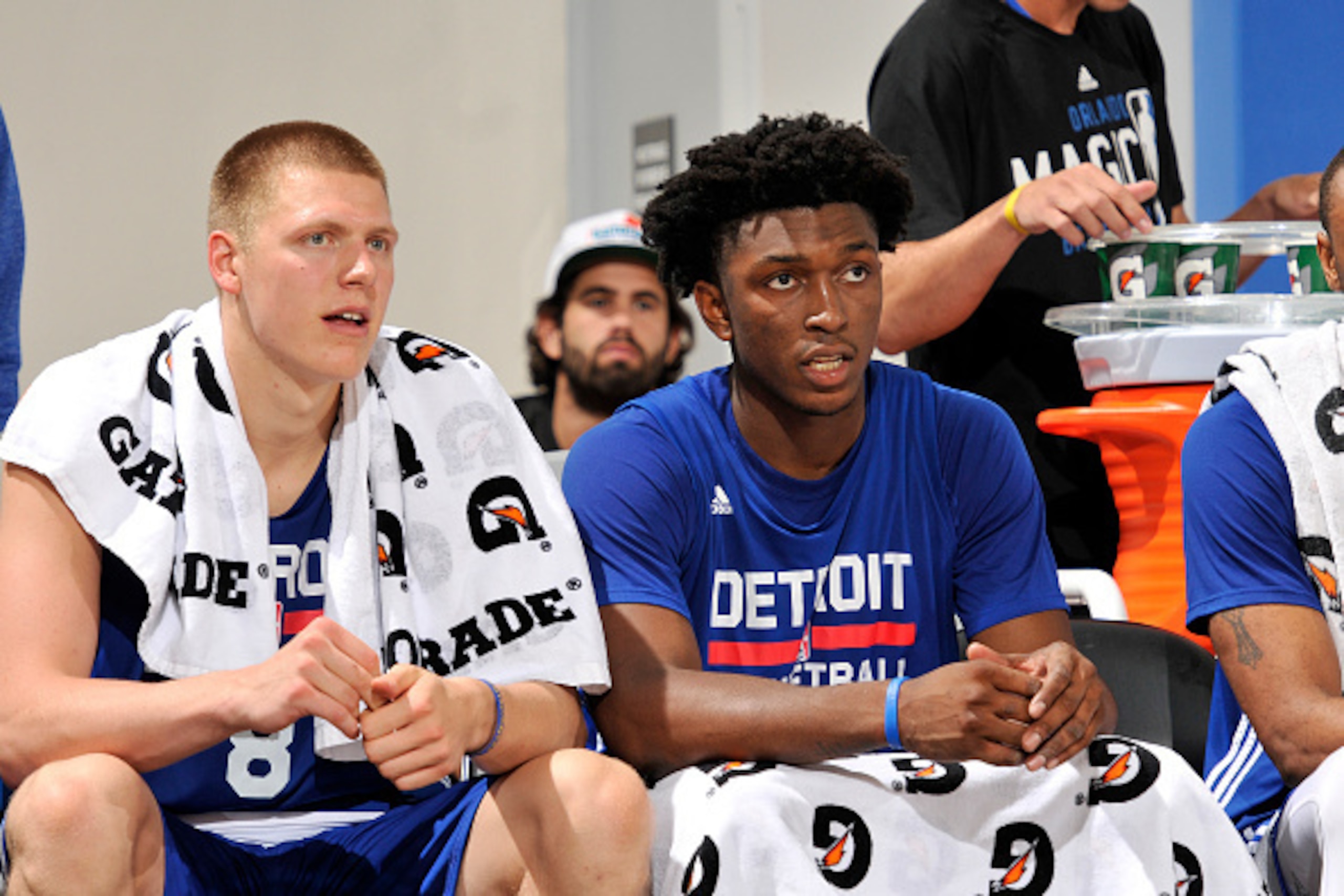 ORLANDO, FL - JULY 7: Henry Ellenson #8 and Stanley Johnson #7 of Detroit Pistons looks on during the game against the Miami Heat during the 2016 NBA Orlando Summer League on July 7, 2016 at Amway Center in Orlando, Florida. NOTE TO USER: User expressly a