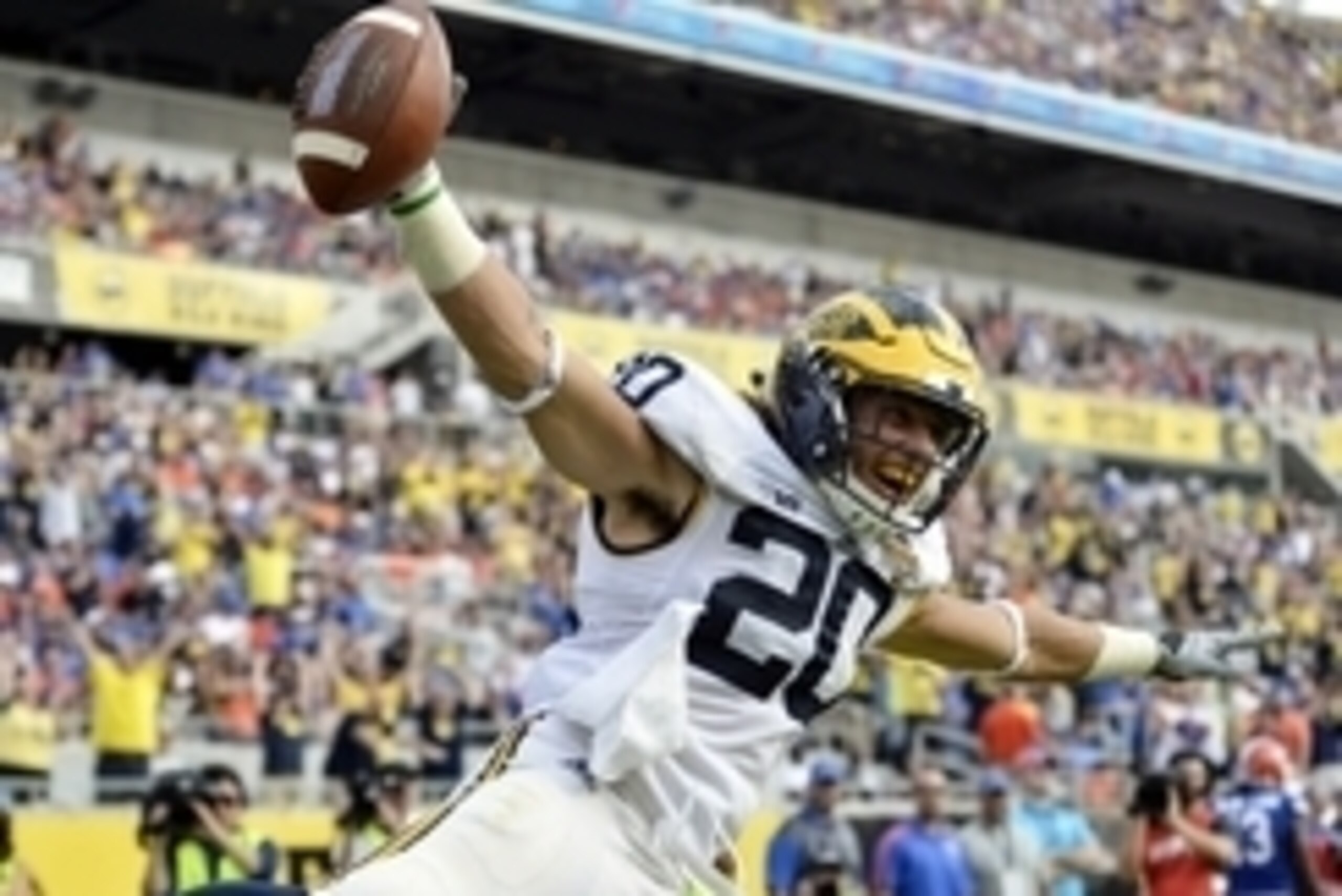 Jan 1, 2016; Orlando, FL, USA; Michigan Wolverines running back Drake Johnson (20) celebrates after scoring a touchdown during the fourth quarter against the Florida Gators in the 2016 Citrus Bowl at Orlando Citrus Bowl Stadium. Mandatory Credit: Tommy Jan 1, 2016; Orlando, FL, USA; Michigan Wolverines running back Drake Johnson (20) celebrates after scoring a touchdown during the fourth quarter against the Florida Gators in the 2016 Citrus Bowl at Orlando Citrus Bowl Stadium. Mandatory Credit: Tommy