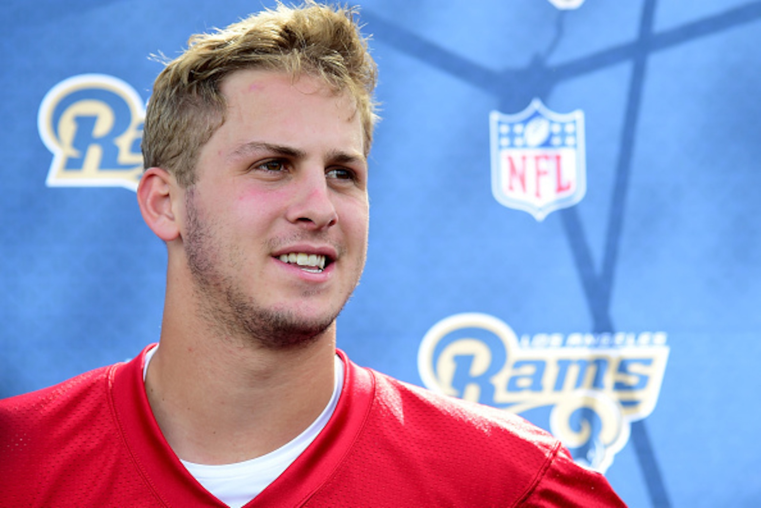 OXNARD, CA - MAY 06:  Jared Goff #16 of the Los Angeles Rams speaks to the media after a Los Angeles Rams rookie camp on May 06, 2016 in Oxnard, California.  (Photo by Harry How/Getty Images)