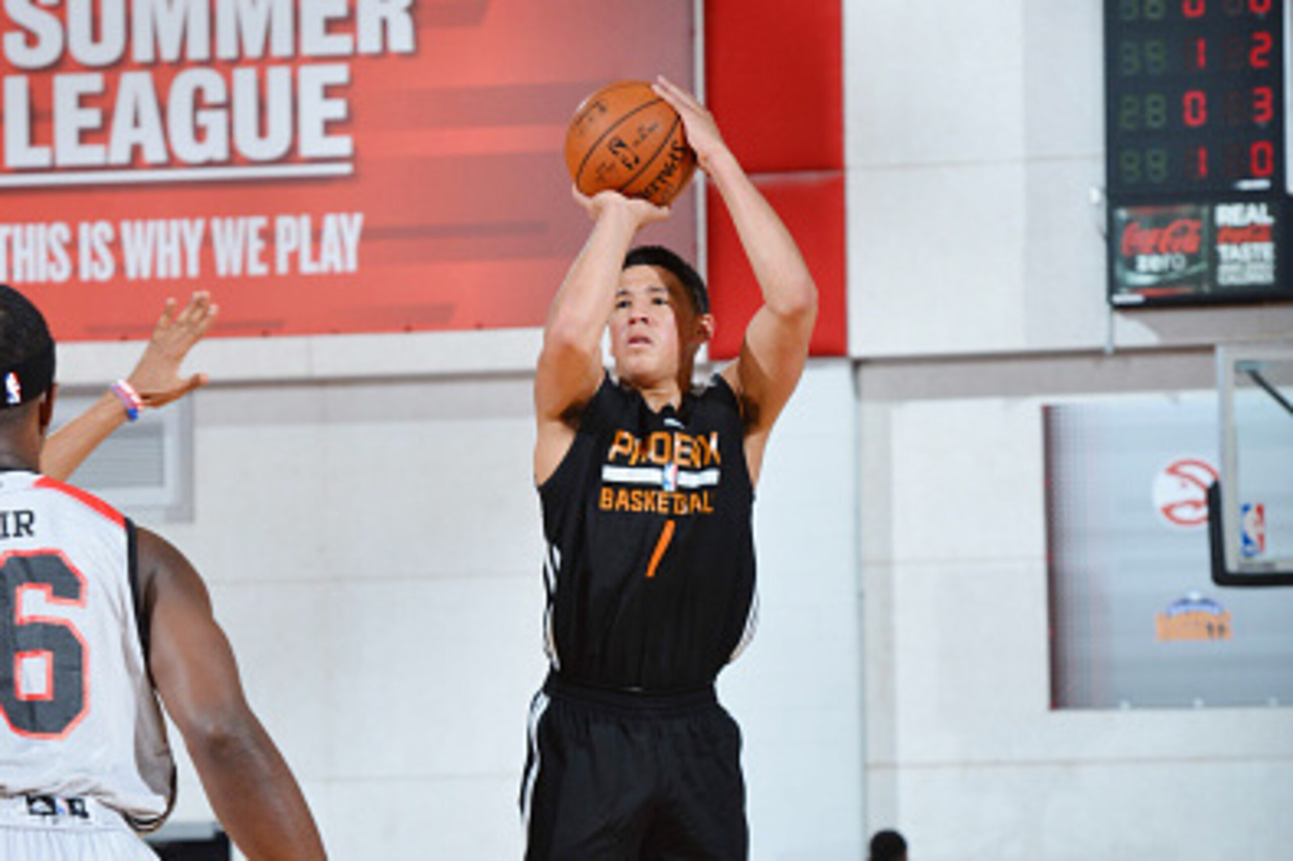 LAS VEGAS, NV - JULY 9: Devin Booker #1 of the Phoenix Suns shakes shoots the ball against the Portland Trail Blazers during the 2016 NBA Las Vegas Summer League game on July 9, 2016 at the Cox Pavilion in Las Vegas, Nevada. NOTE TO USER: User expressly LAS VEGAS, NV - JULY 9: Devin Booker #1 of the Phoenix Suns shakes shoots the ball against the Portland Trail Blazers during the 2016 NBA Las Vegas Summer League game on July 9, 2016 at the Cox Pavilion in Las Vegas, Nevada. NOTE TO USER: User expressly