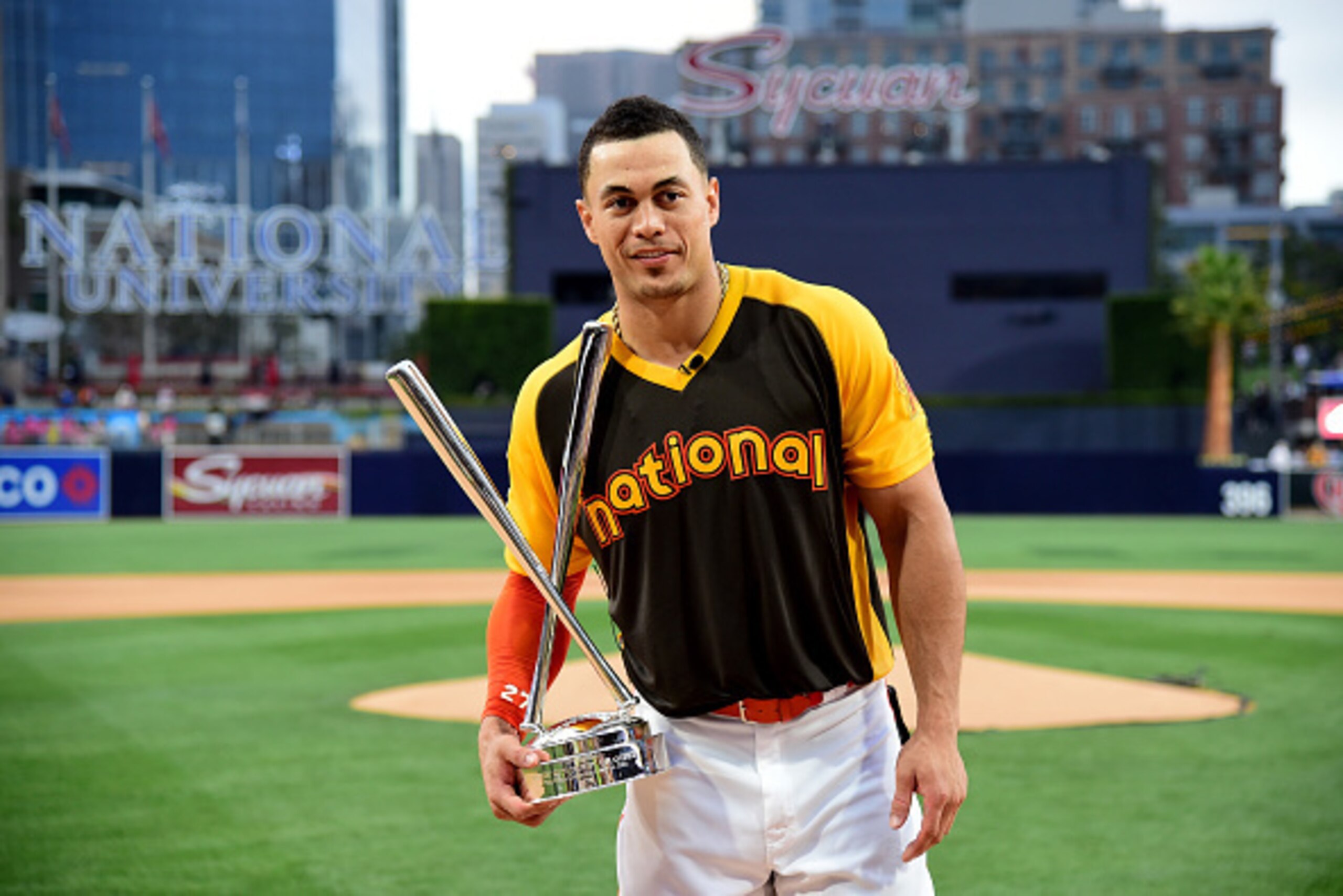 SAN DIEGO, CA - JULY 11: Giancarlo Stanton of the Miami Marlins celebrates after winning the T-Mobile Home Run Derby at PETCO Park on July 11, 2016 in San Diego, California. (Photo by Harry How/Getty Images) SAN DIEGO, CA - JULY 11: Giancarlo Stanton of the Miami Marlins celebrates after winning the T-Mobile Home Run Derby at PETCO Park on July 11, 2016 in San Diego, California. (Photo by Harry How/Getty Images)