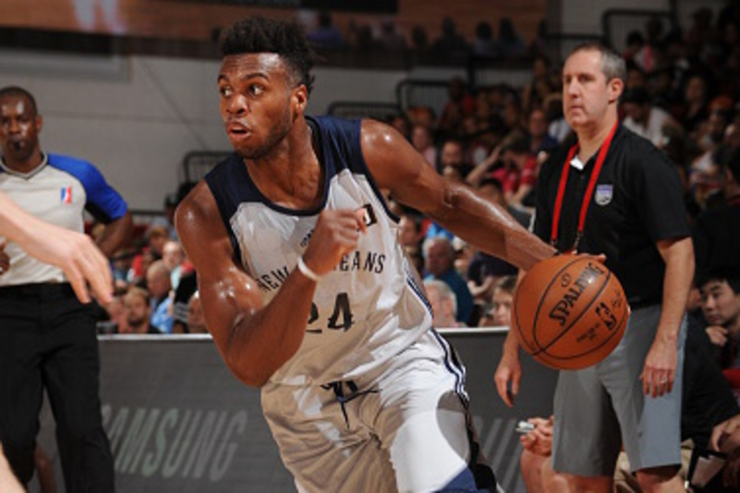 LAS VEGAS, NV - JULY 11: Buddy Hield #24 of the New Orleans Pelicans drives to the basket against the Sacramento Kings during the 2016 Las Vegas Summer League on July 11, 2016 at Cox Pavillon in Las Vegas, Nevada. NOTE TO USER: User expressly acknowledges