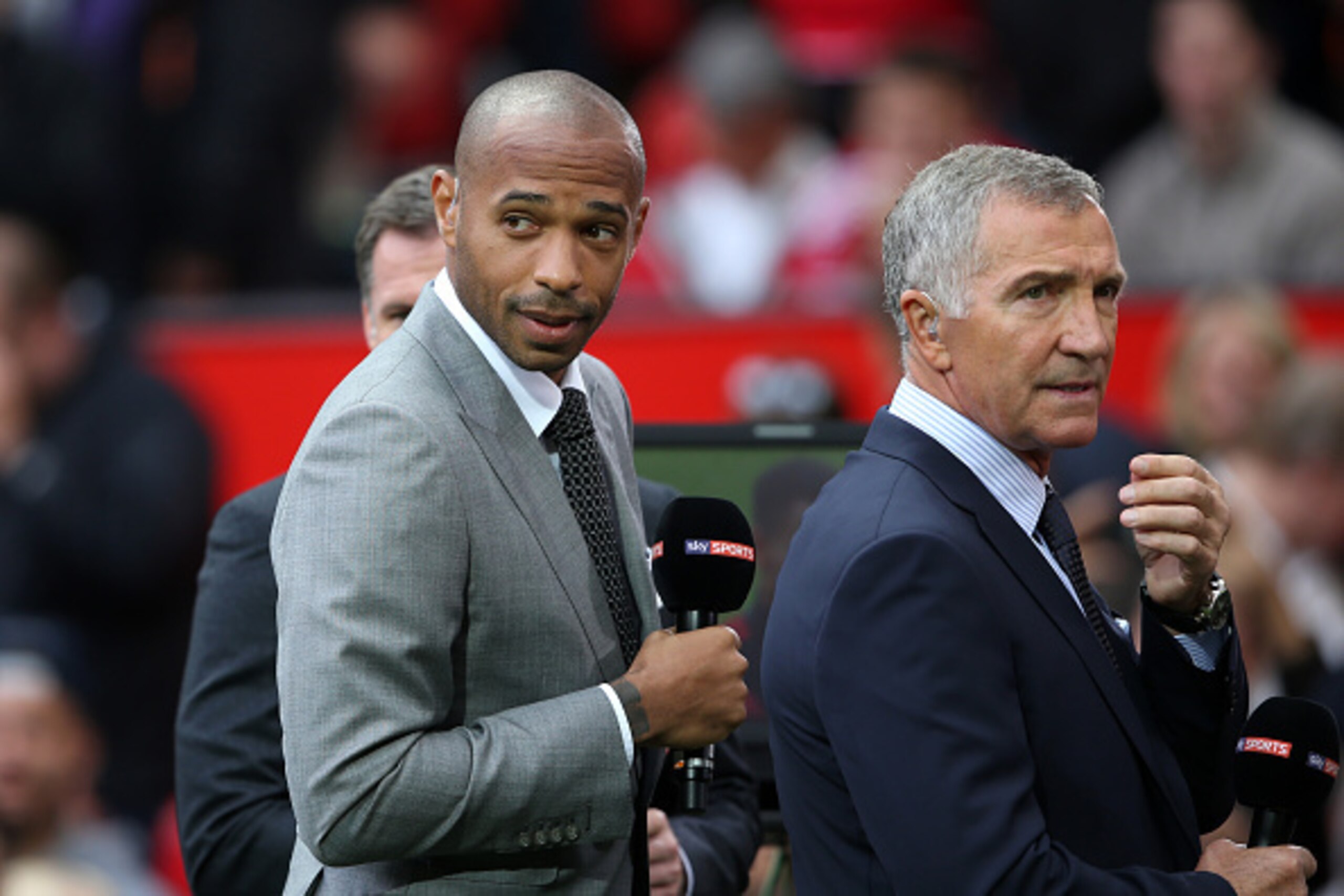 MANCHESTER, ENGLAND - SEPTEMBER 12: Thierry Henry and Graeme Souness working for Sky Sports Television during the Barclays Premier League match between Manchester United and Liverpool on September 12, 2015 in Manchester, United Kingdom. (Photo by Matthe MANCHESTER, ENGLAND - SEPTEMBER 12: Thierry Henry and Graeme Souness working for Sky Sports Television during the Barclays Premier League match between Manchester United and Liverpool on September 12, 2015 in Manchester, United Kingdom. (Photo by Matthe