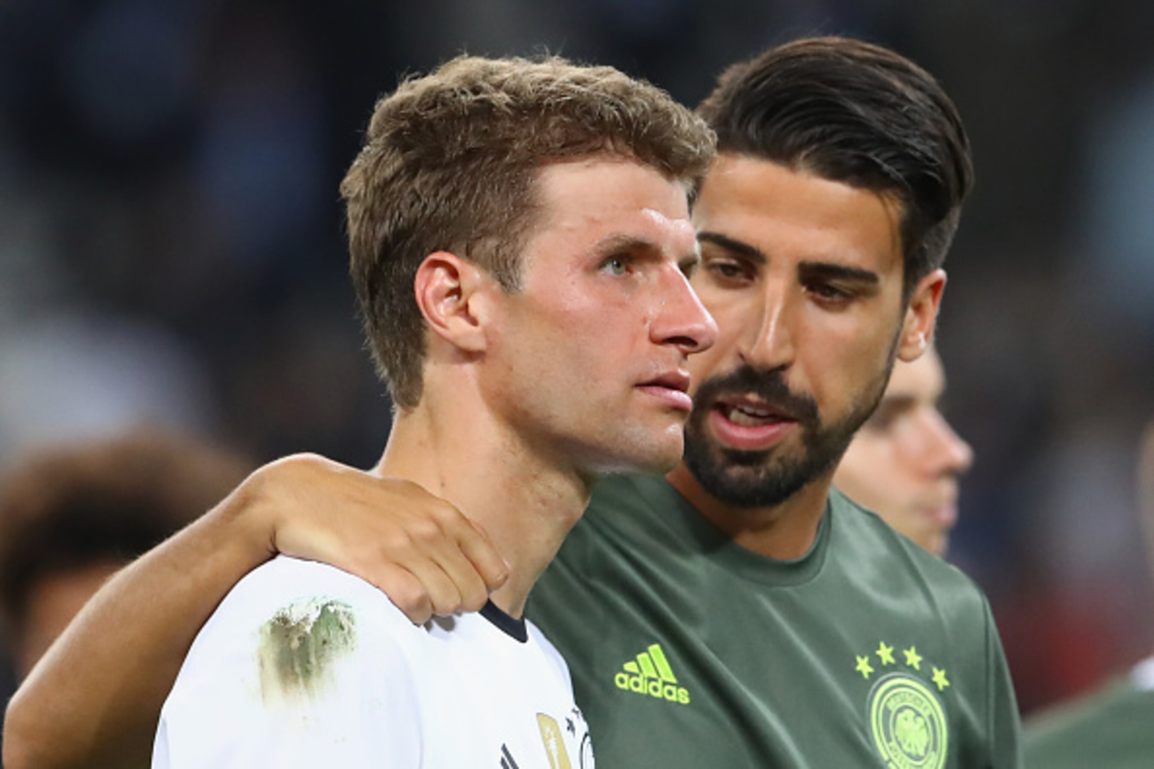 MARSEILLE, FRANCE - JULY 07:  Dejected Thomas Mueller of Germany is consoled by Sami Khedira after defeat in the UEFA EURO 2016 semi final match between Germany and France at Stade Velodrome on July 7, 2016 in Marseille, France.  (Photo by Alexander Hasse