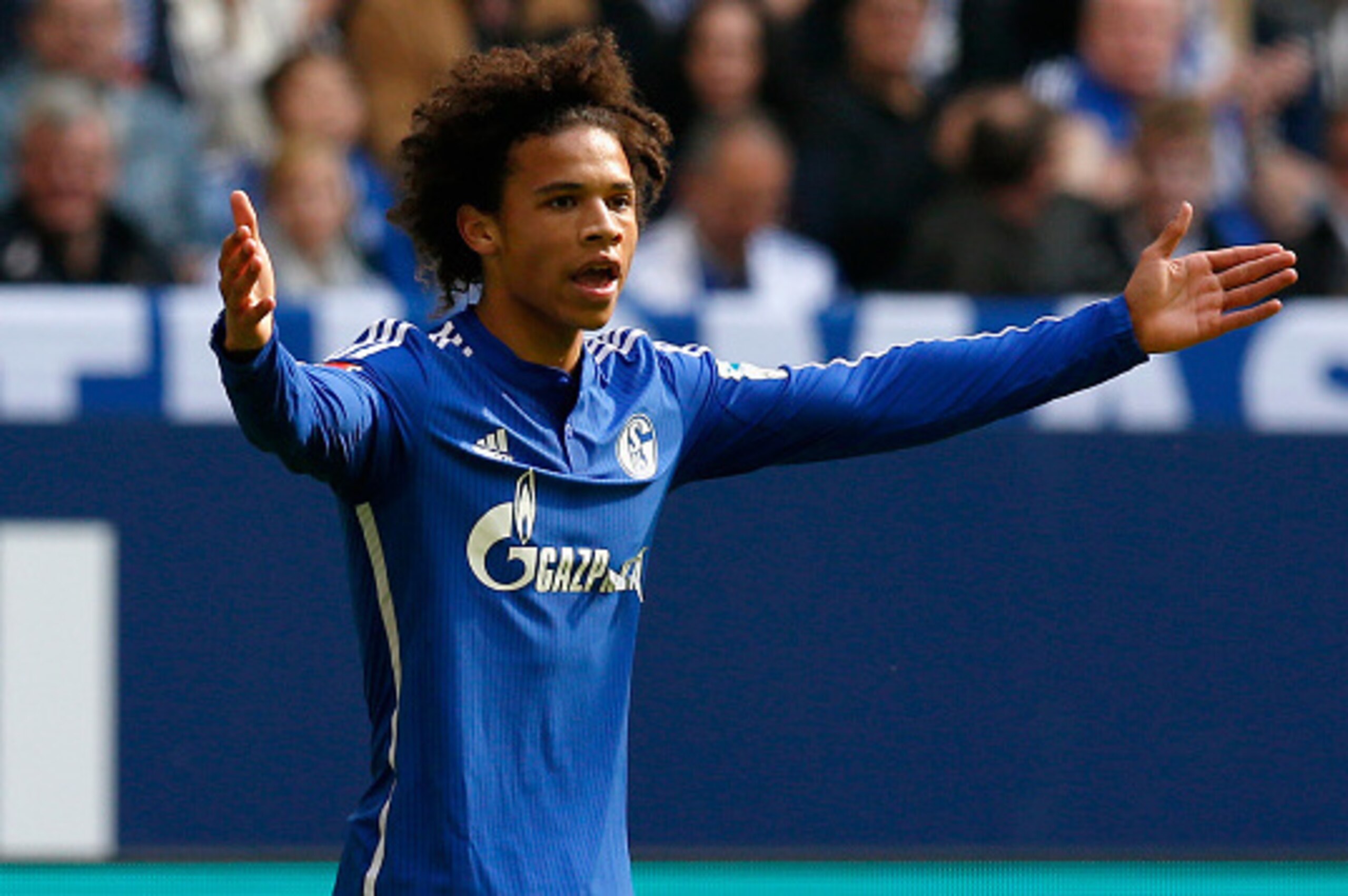 GELSENKIRCHEN, NORTH RHINE-WESTPHALIA - APRIL 10:  Leroy Sane of FC Schalke 04 gestures during the Bundesliga match between FC Schalke 04 and Borussia Dortmund at Veltins-Arena on April 10, 2016 in Gelsenkirchen, Germany.  (Photo by Boris Streubel/Getty I