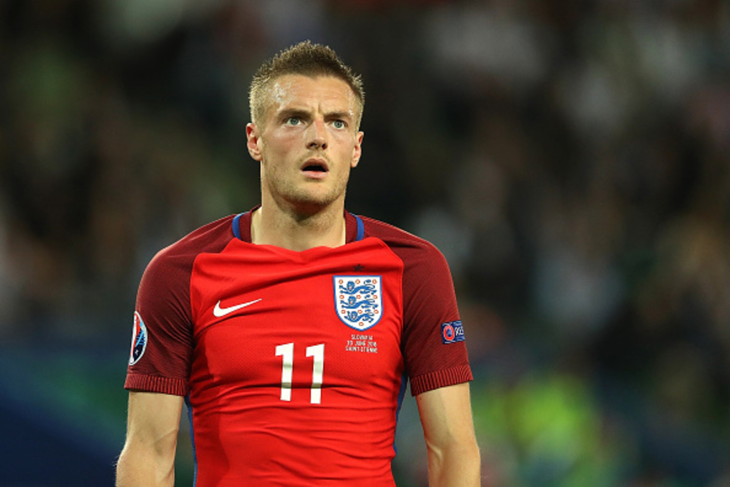 SAINT-ETIENNE, FRANCE - JUNE 20:  Jamie Vardy of England reacts during the UEFA EURO 2016 Group B match between Slovakia and England at Stade Geoffroy-Guichard on June 20, 2016 in Saint-Etienne, France.  (Photo by Matthew Ashton - AMA/Getty Images)