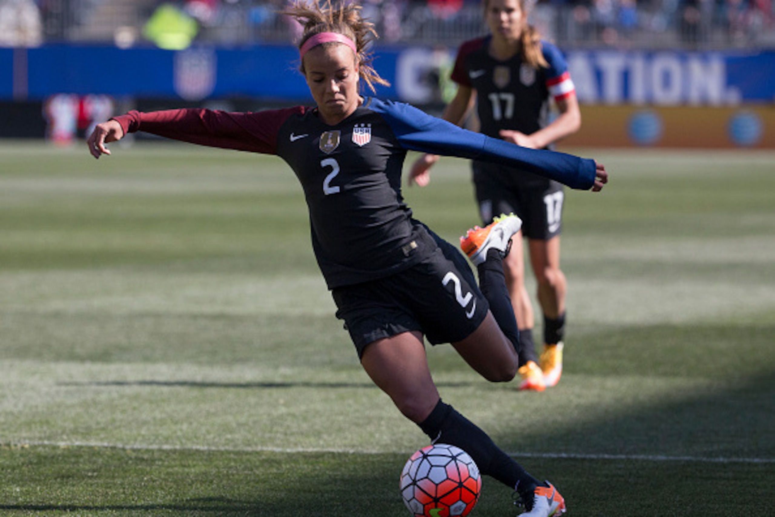 CHESTER, PENNSYLVANIA - APRIL 10: Mallory Pugh #2 of the United States controls the ball against Colombia at Talen Energy Stadium on April 10, 2016 in Chester, Pennsylvania. The United States defeated Colombia 3-0. (Photo by Mitchell Leff/Getty Images)