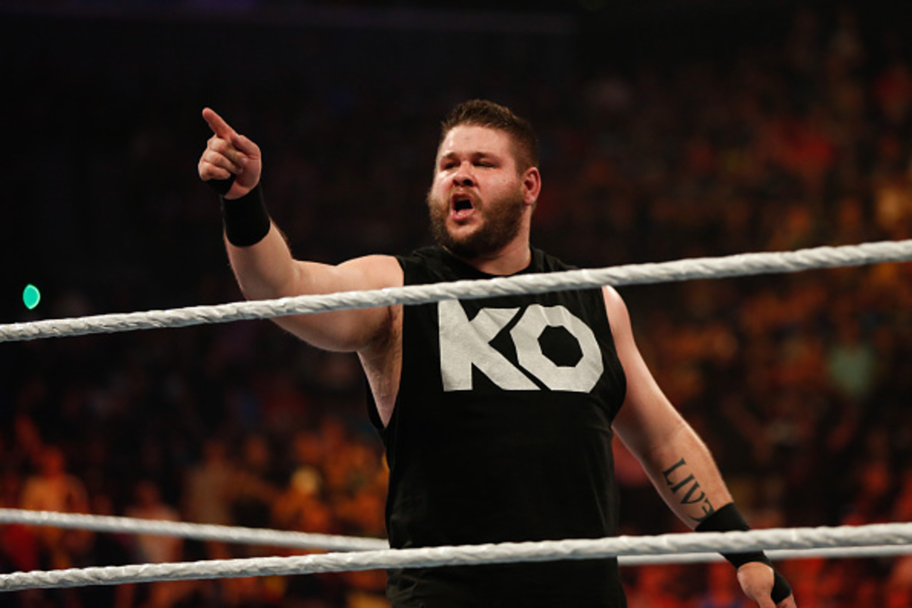 NEW YORK, NY - AUGUST 23:  Kevin Owens celebrates his victory over Cesaro at the WWE SummerSlam 2015 at Barclays Center of Brooklyn on August 23, 2015 in New York City.  (Photo by JP Yim/Getty Images)