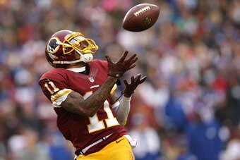 LANDOVER, MD - NOVEMBER 29: Wide receiver DeSean Jackson #11 of the Washington Redskins scores a second quarter touchdown against the New York Giants at FedExField on November 29, 2015 in Landover, Maryland. (Photo by Patrick Smith/Getty Images)